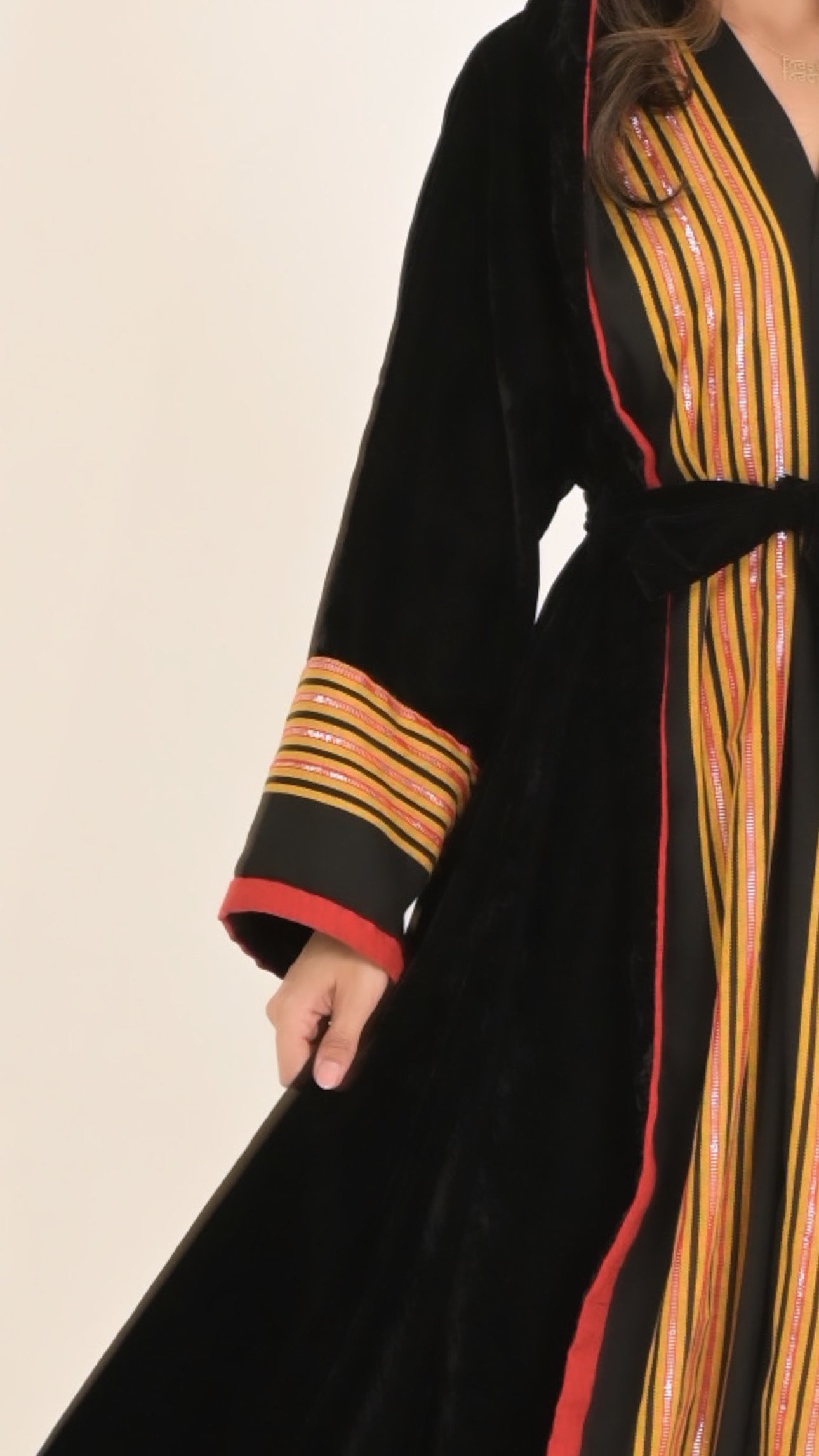 Yemeni traditional fabric with black velvet hooded abaya
