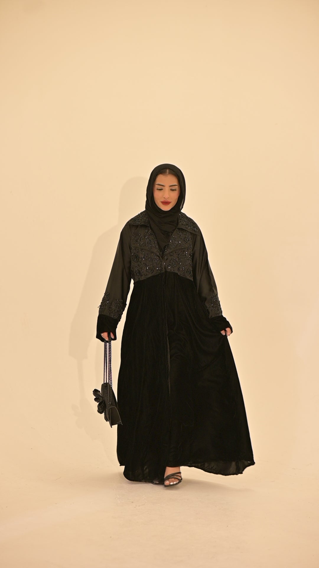 Black velvet and satin embroidered abaya