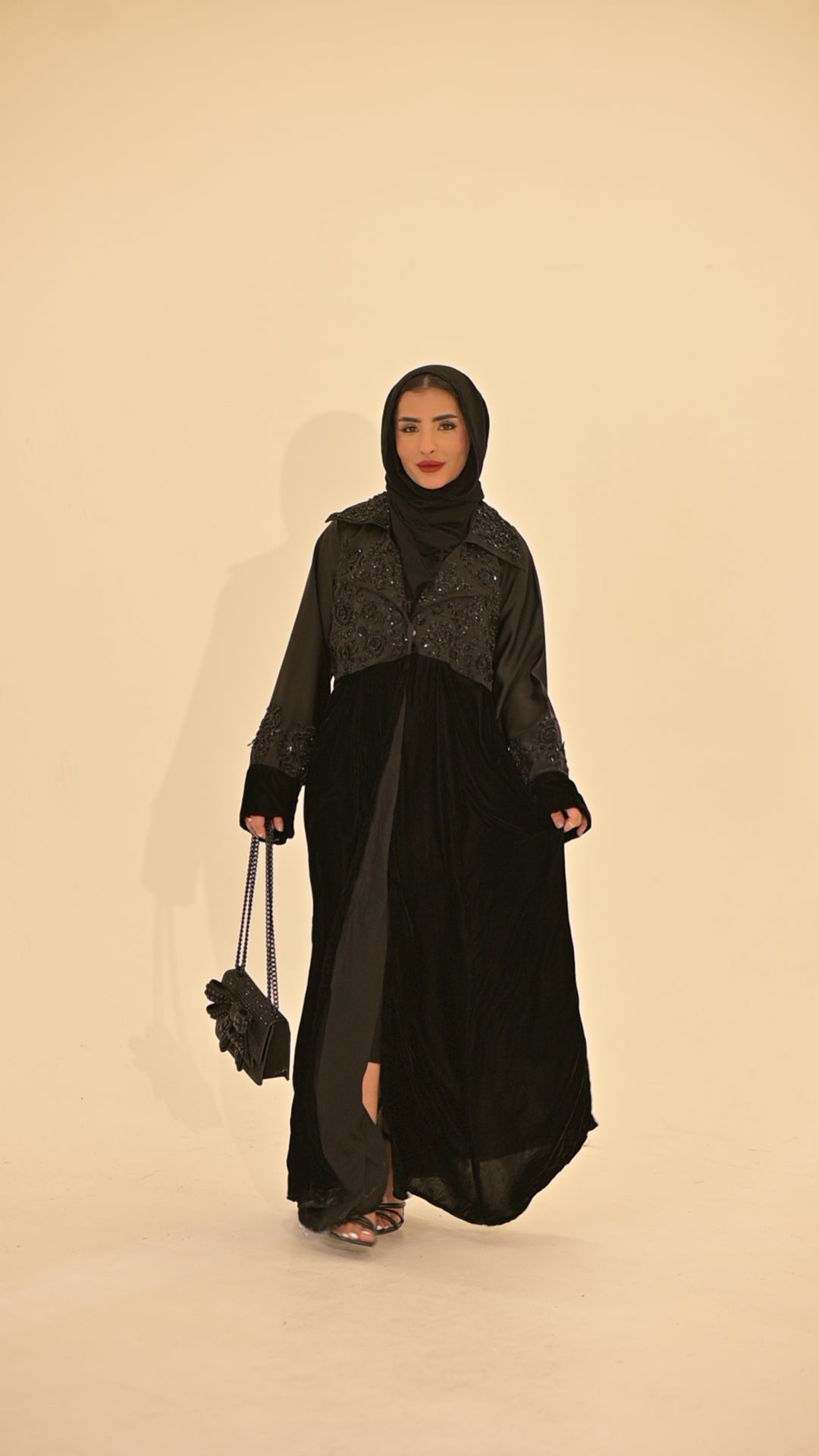 Black velvet and satin embroidered abaya