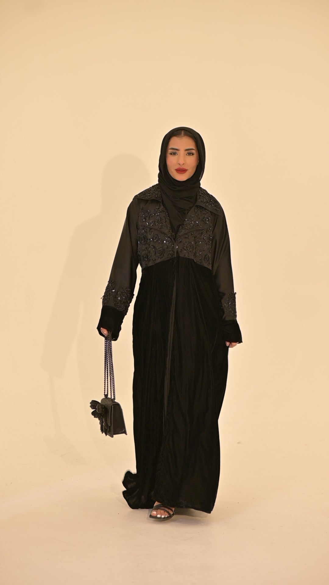 Black velvet and satin embroidered abaya
