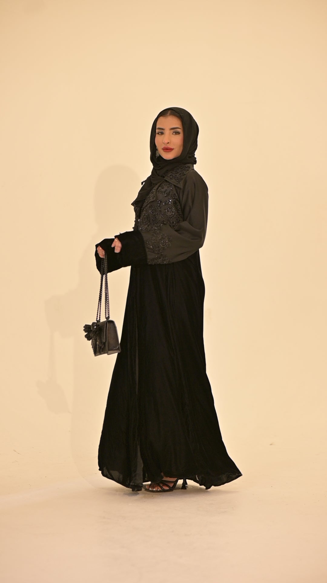 Black velvet and satin embroidered abaya