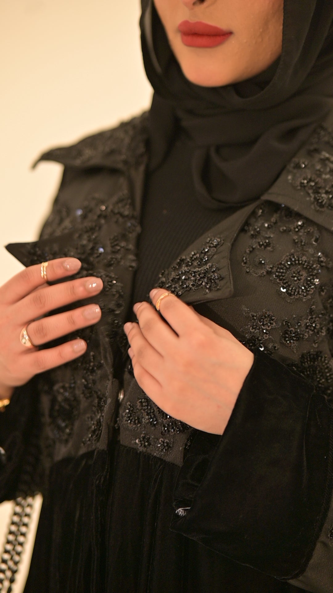 Black velvet and satin embroidered abaya