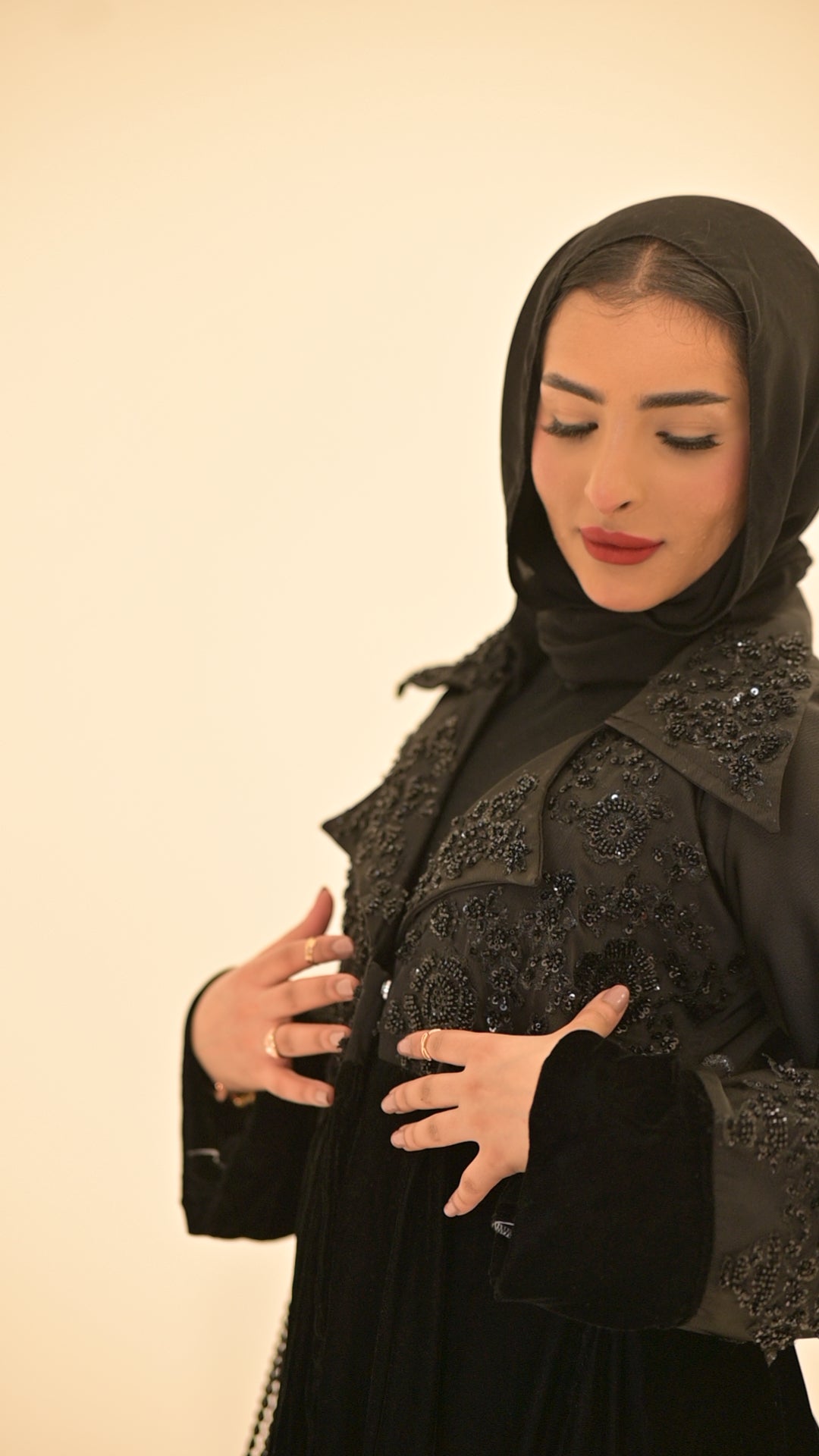 Black velvet and satin embroidered abaya