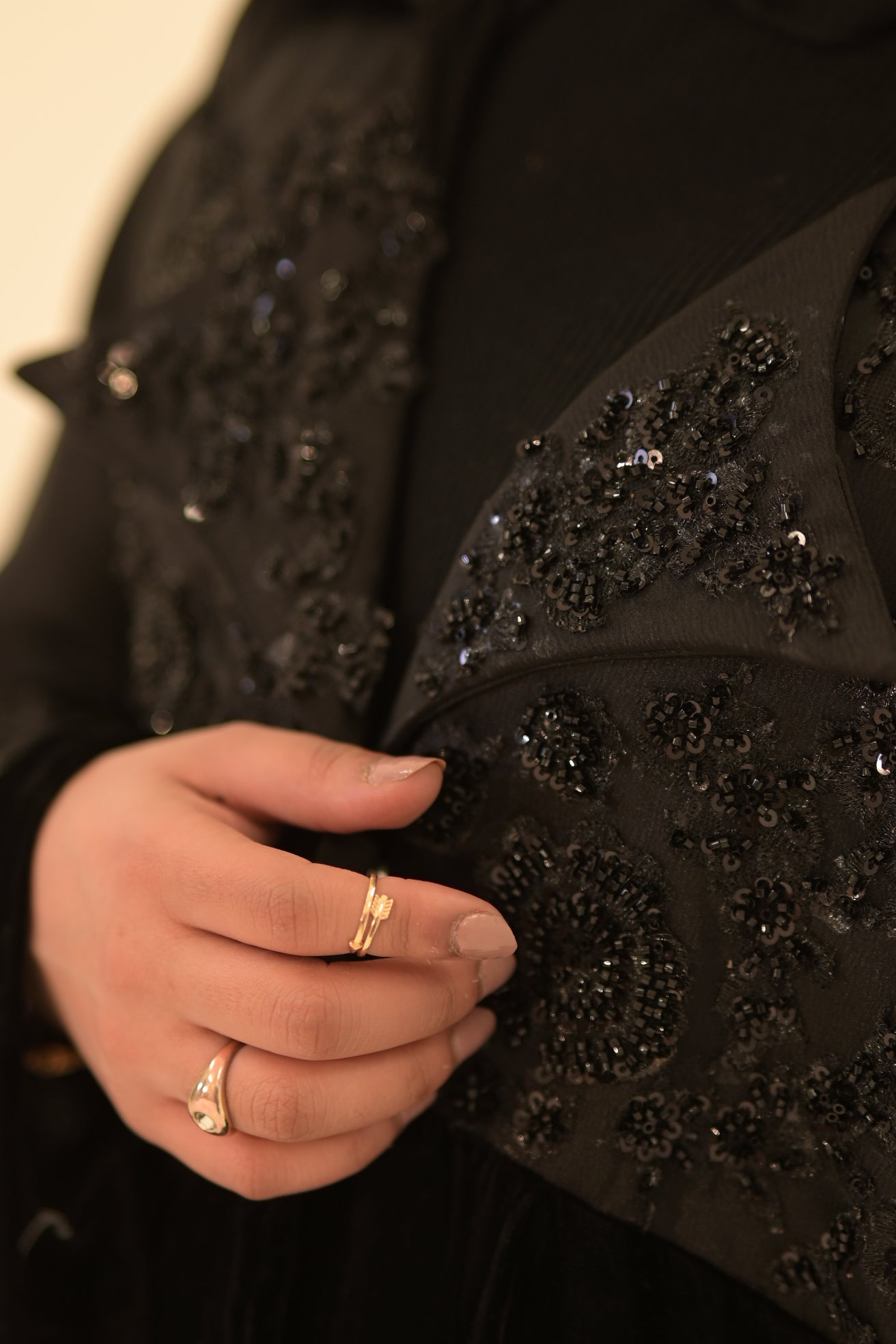 Black velvet and satin embroidered abaya