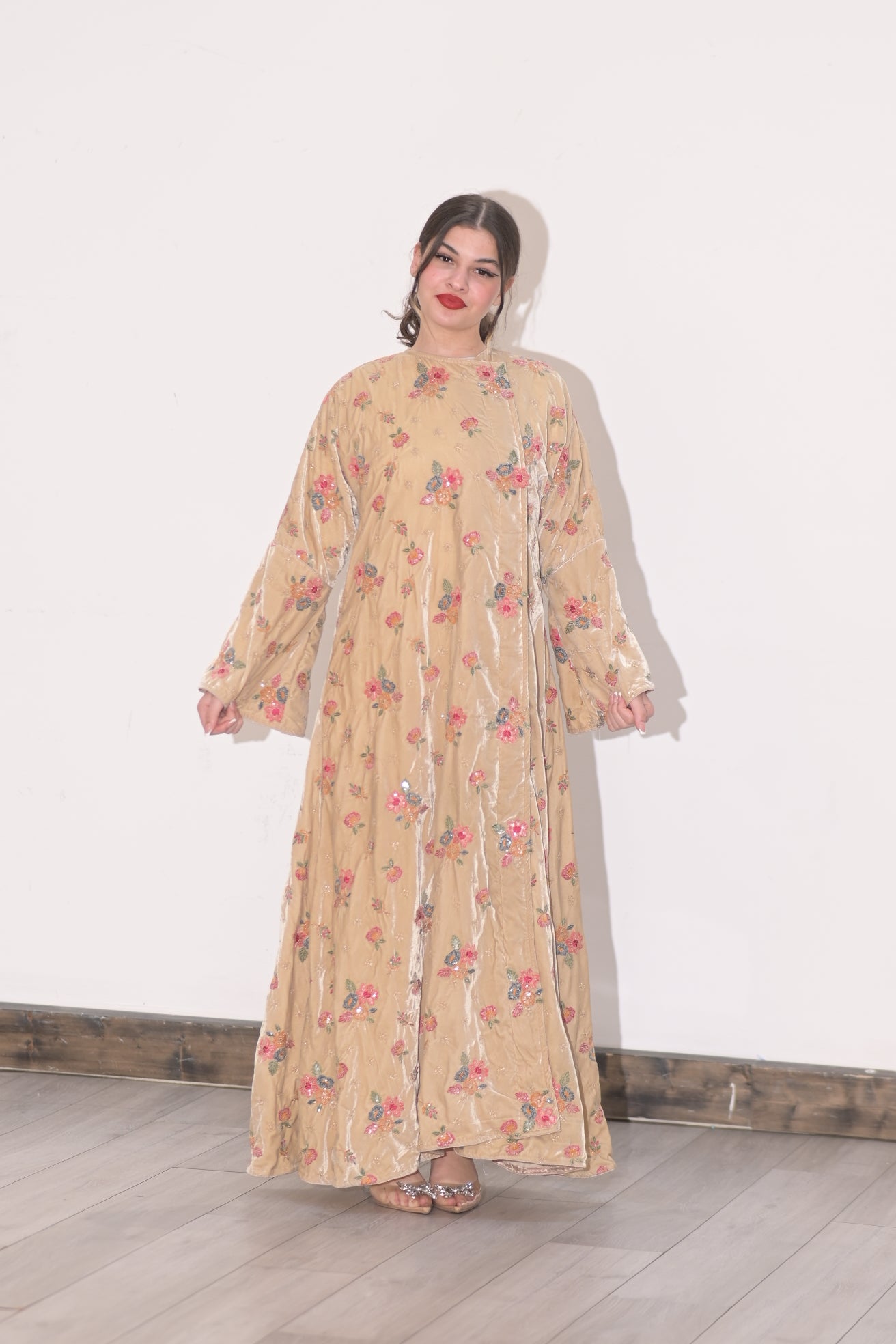 Beige velvet embroidered Abaya