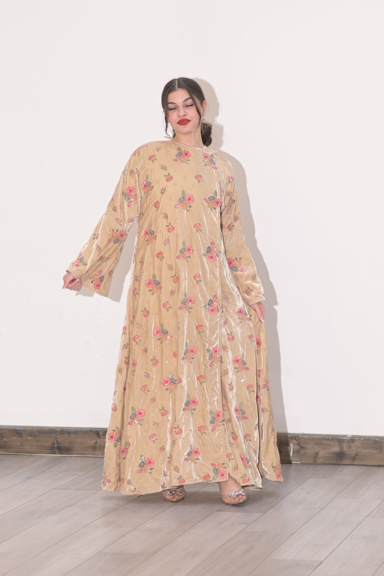 Beige velvet embroidered Abaya