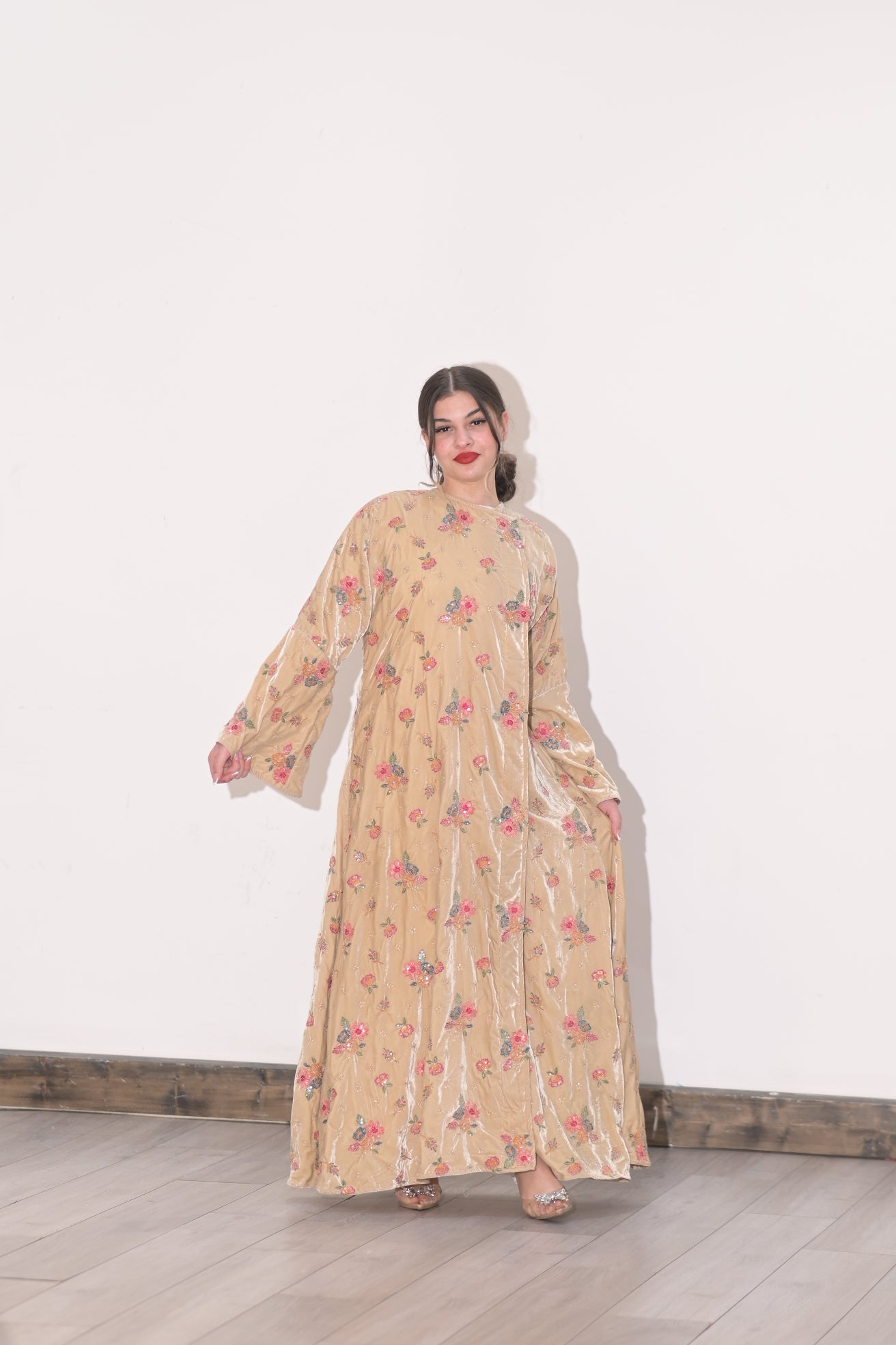 Beige velvet embroidered Abaya