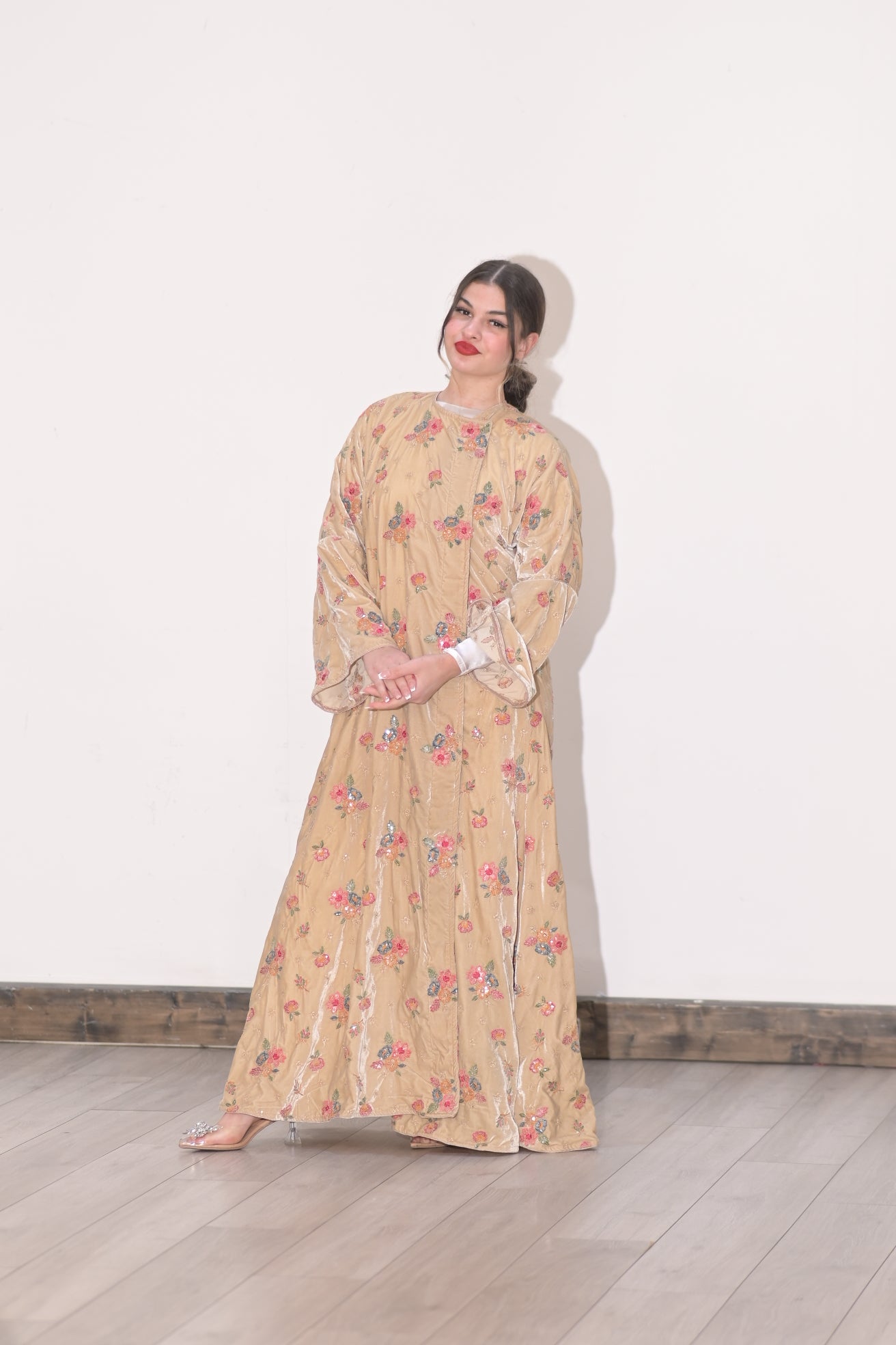 Beige velvet embroidered Abaya