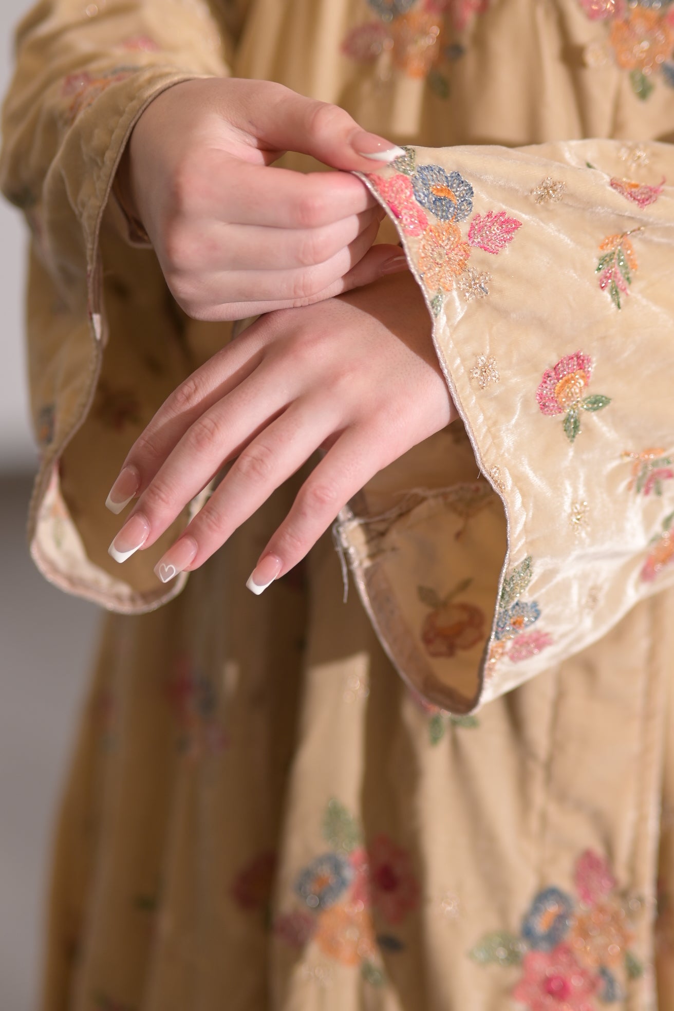 Beige velvet embroidered Abaya