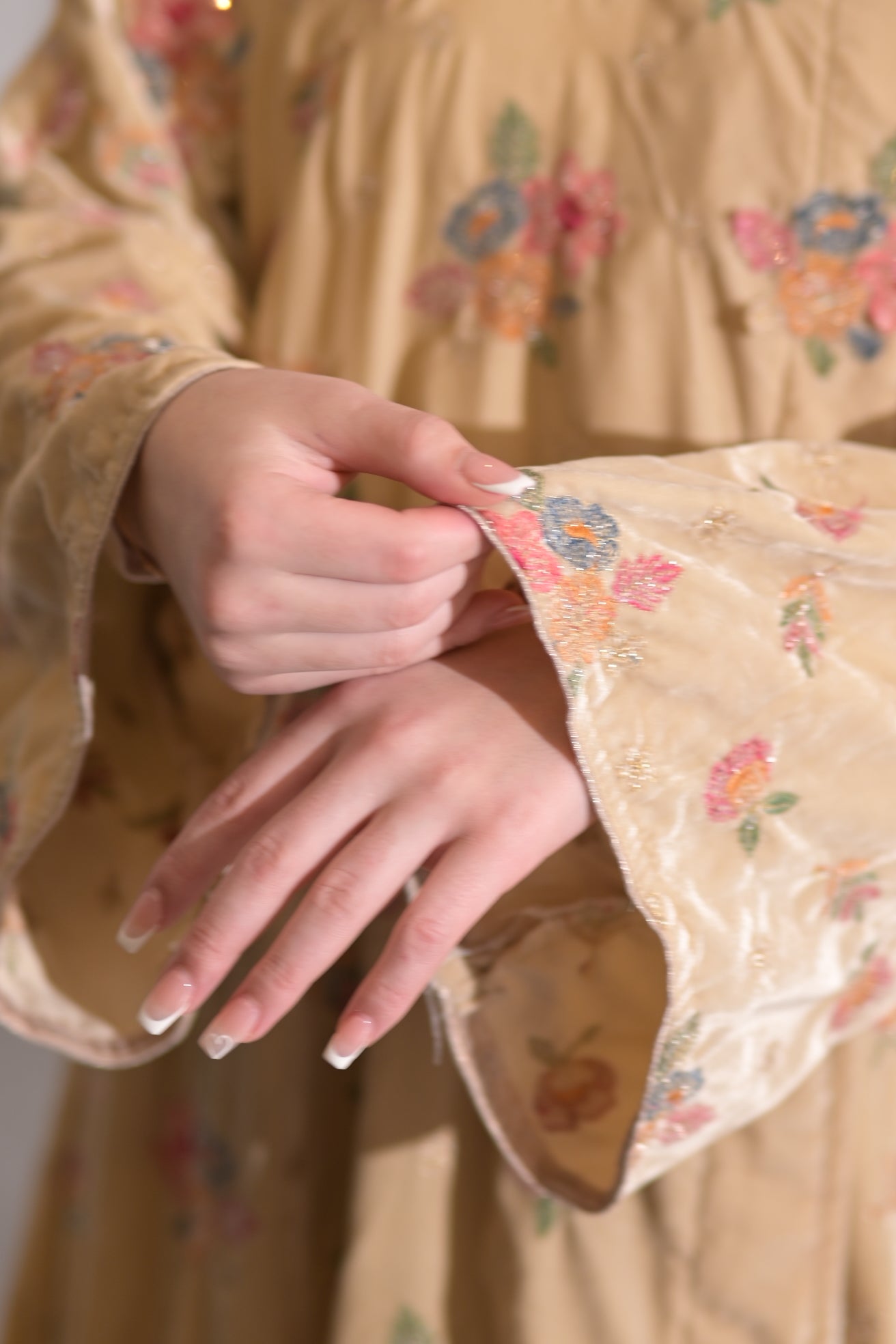 Beige velvet embroidered Abaya