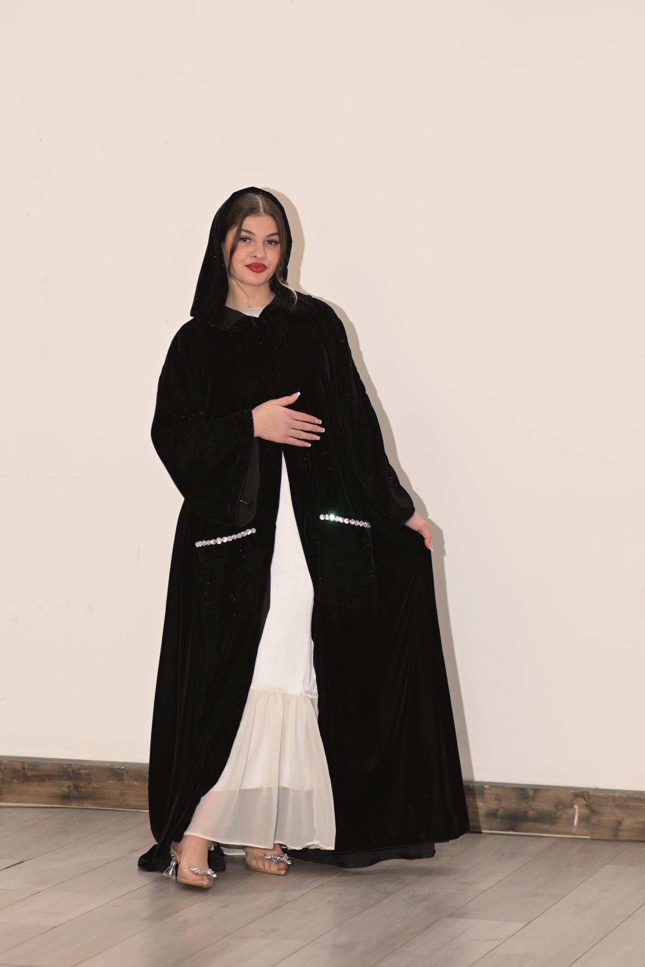 Black velvet hooded Abaya with pockets and Swarovski stones