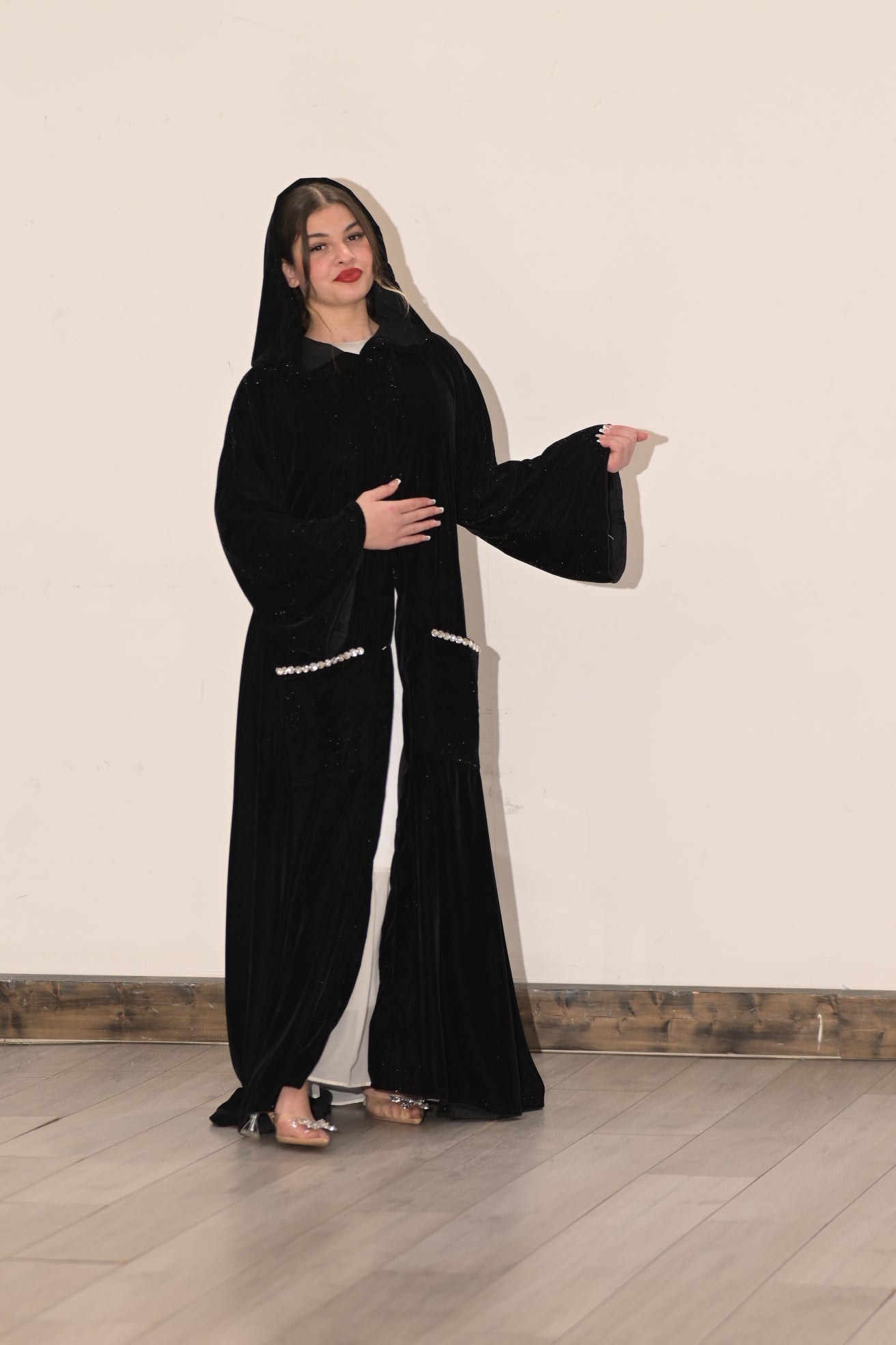 Black velvet hooded Abaya with pockets and Swarovski stones