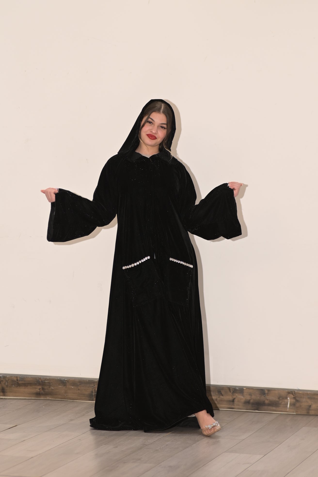 Black velvet hooded Abaya with pockets and Swarovski stones