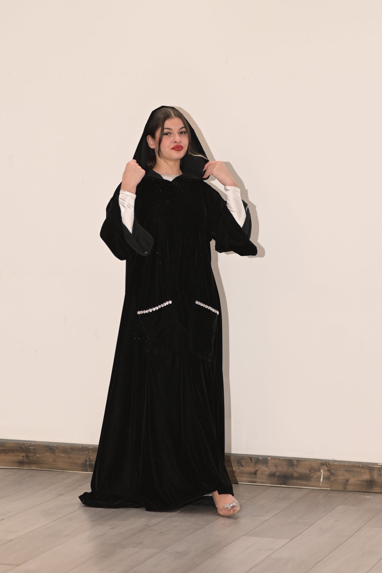 Black velvet hooded Abaya with pockets and Swarovski stones