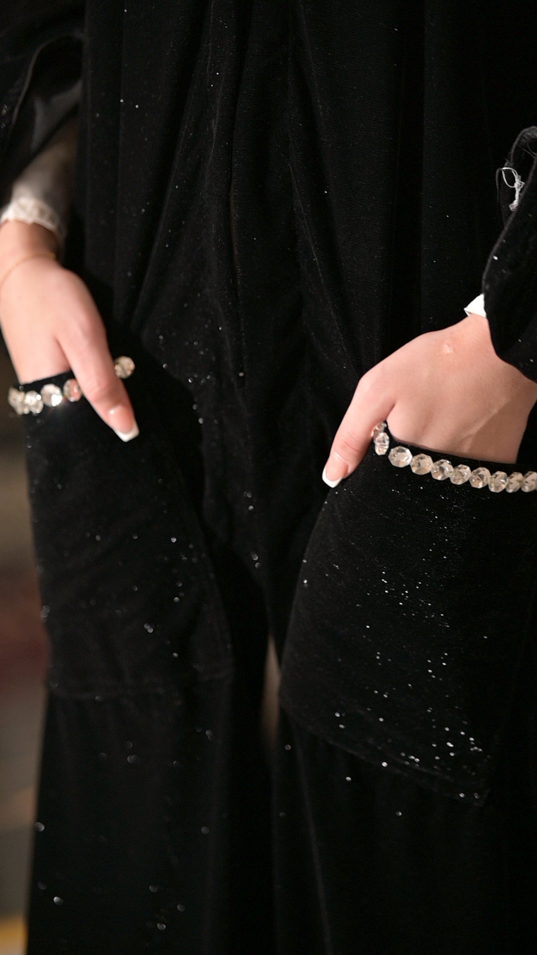 Black velvet hooded Abaya with pockets and Swarovski stones