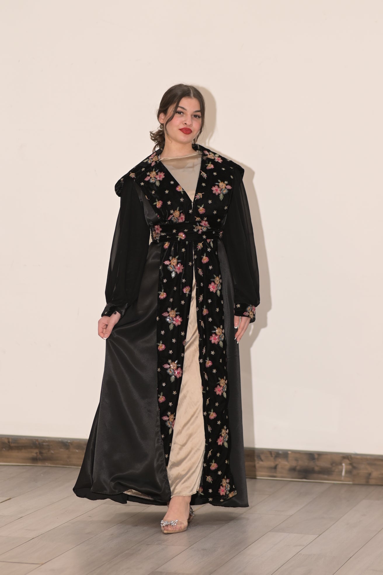Two pieces abaya silk dress with Satin and black velvet colourful embroidered fabric
