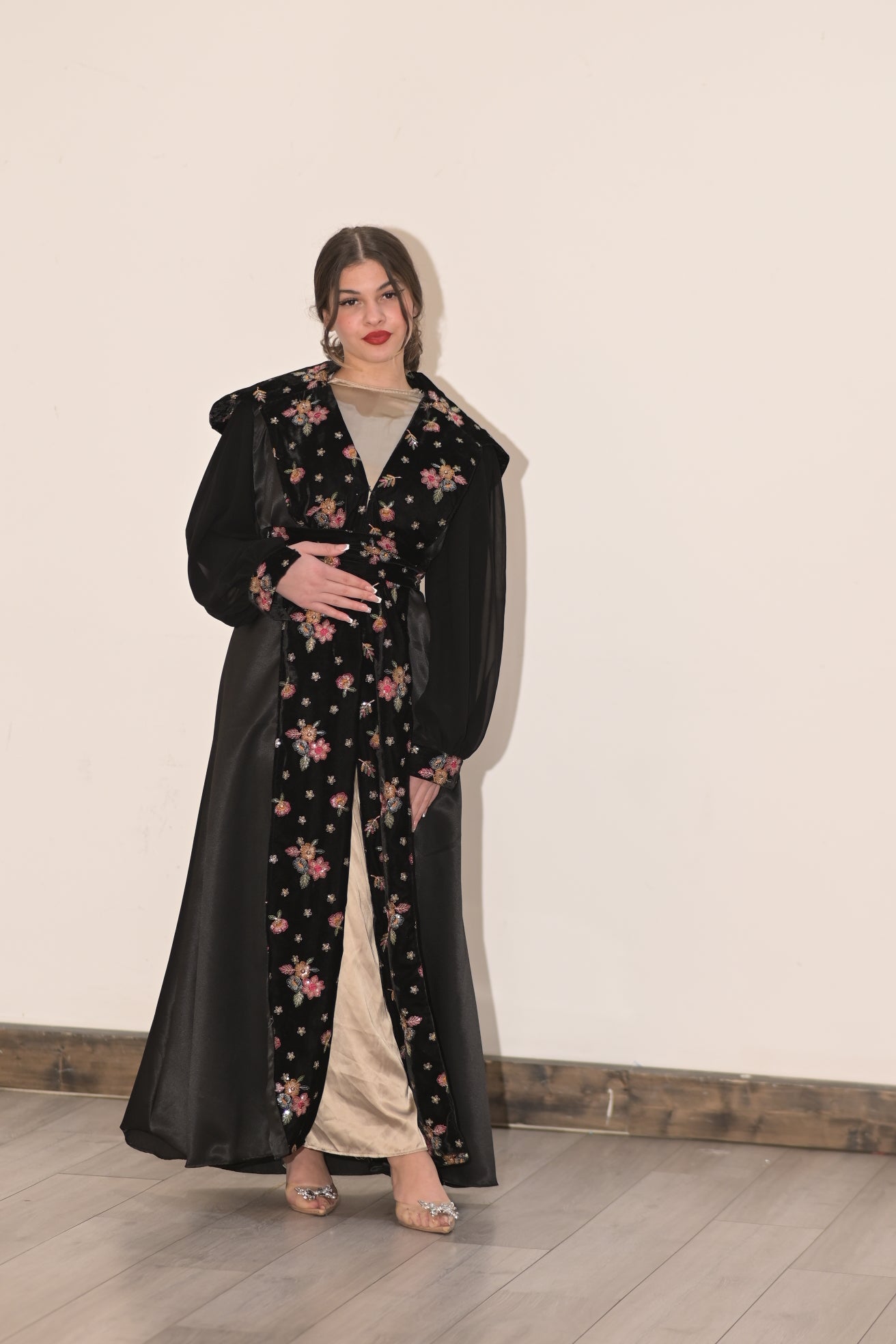 Two pieces abaya silk dress with Satin and black velvet colourful embroidered fabric