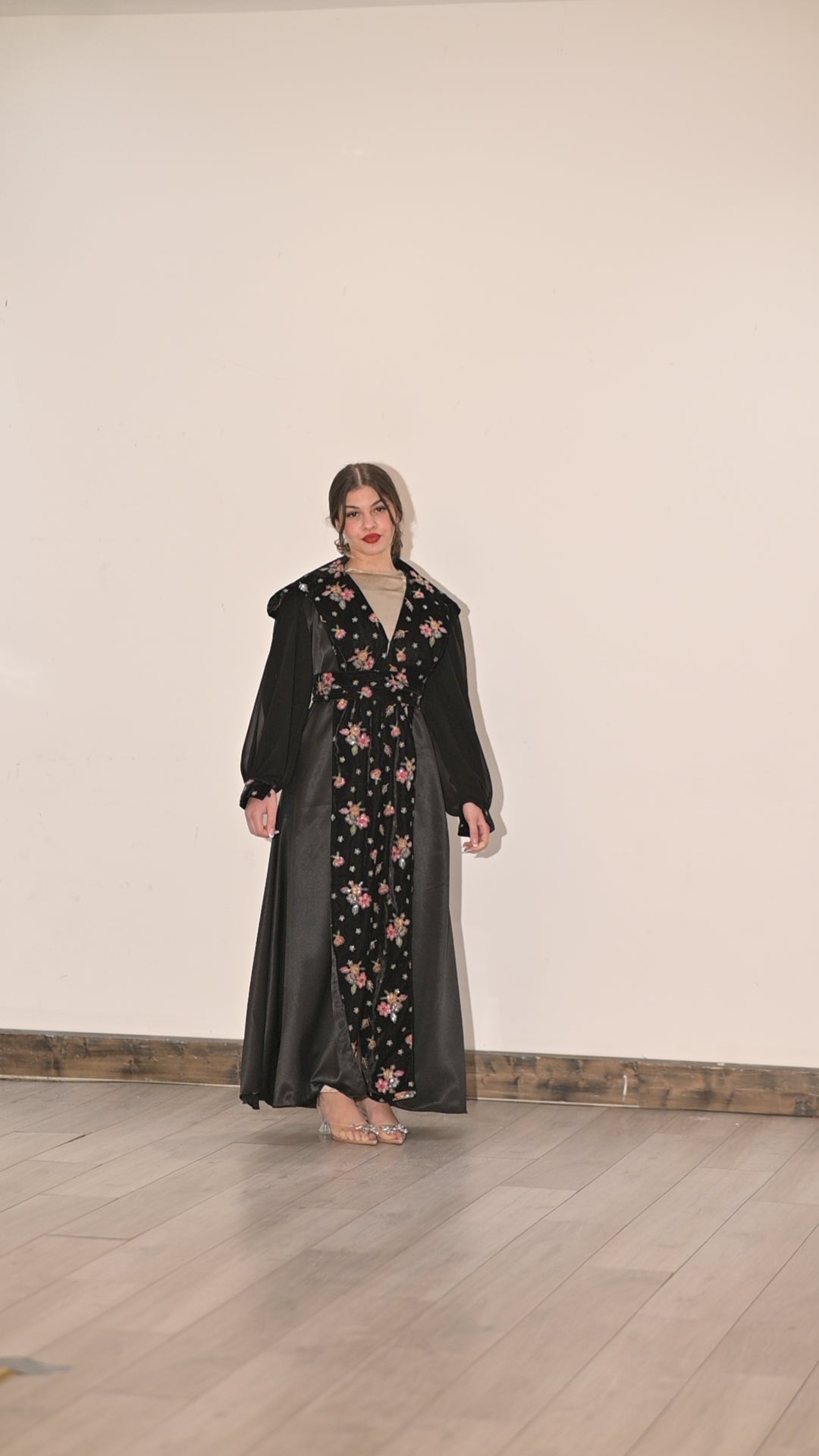 Two pieces abaya silk dress with Satin and black velvet colourful embroidered fabric