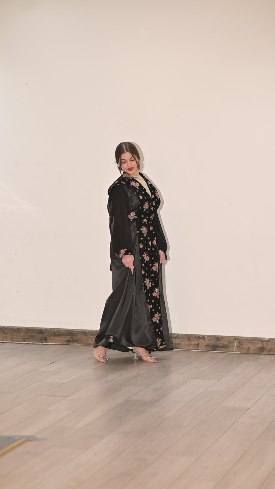 Two pieces abaya silk dress with Satin and black velvet colourful embroidered fabric