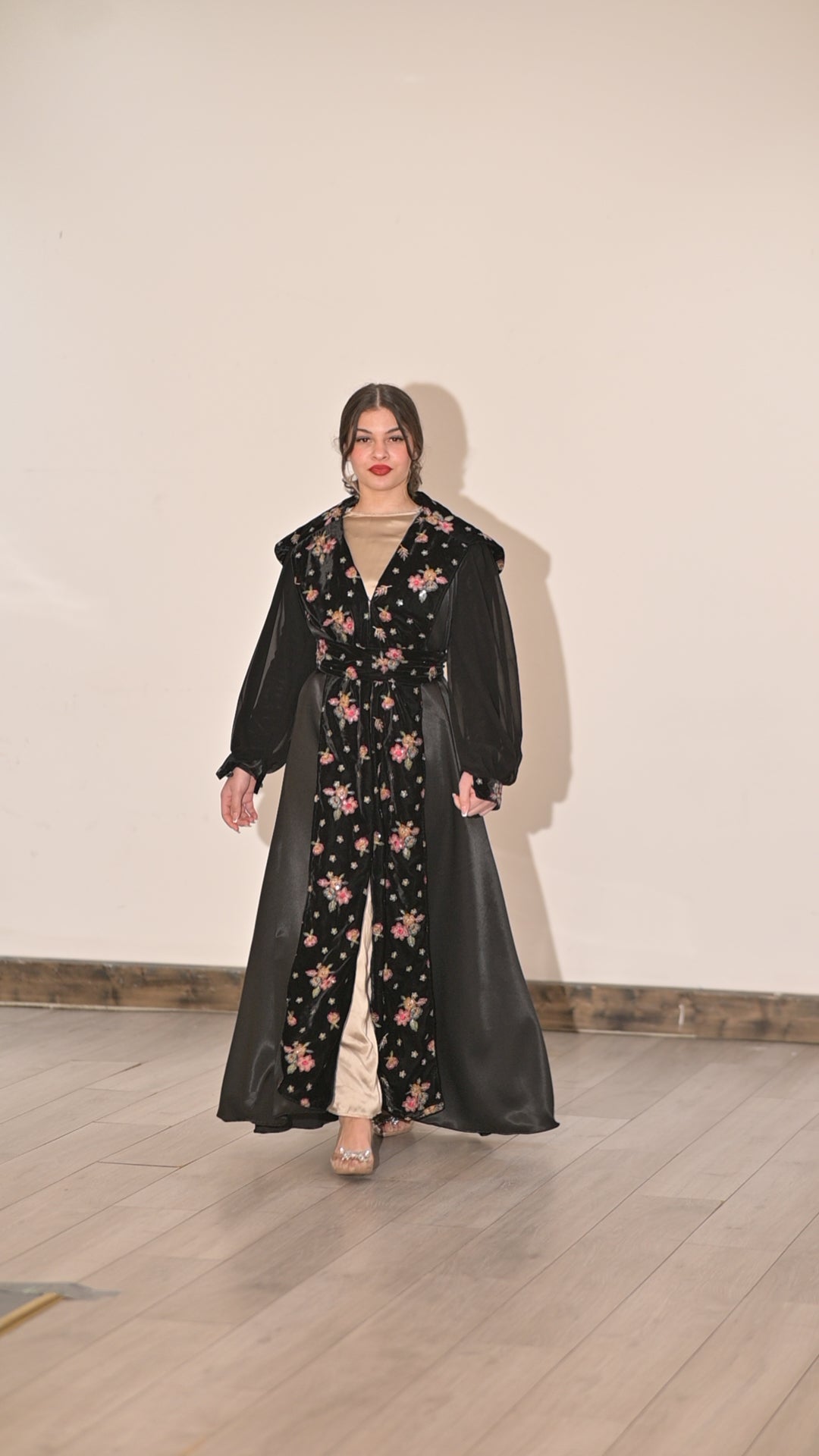 Two pieces abaya silk dress with Satin and black velvet colourful embroidered fabric