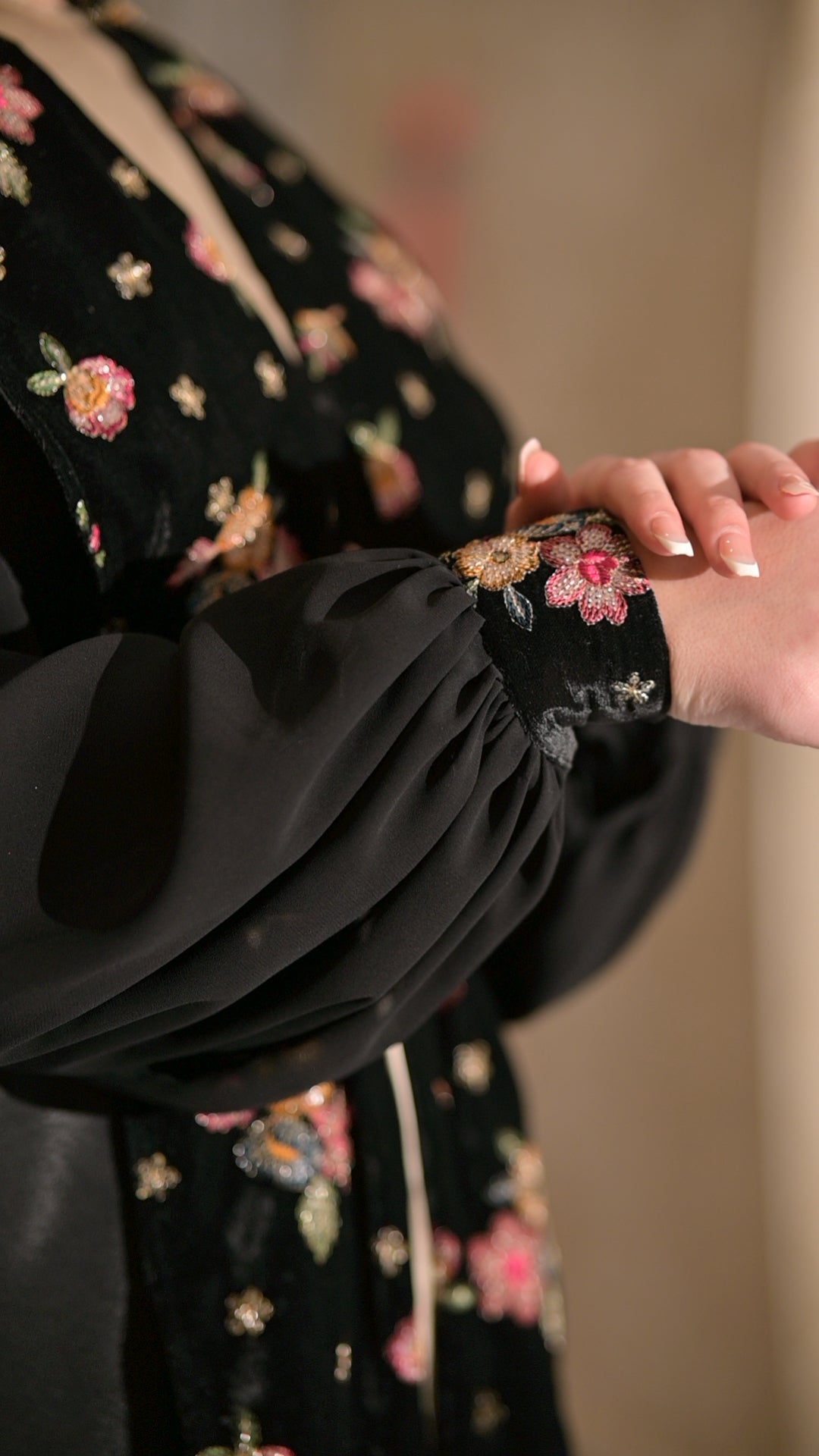 Two pieces abaya silk dress with Satin and black velvet colourful embroidered fabric