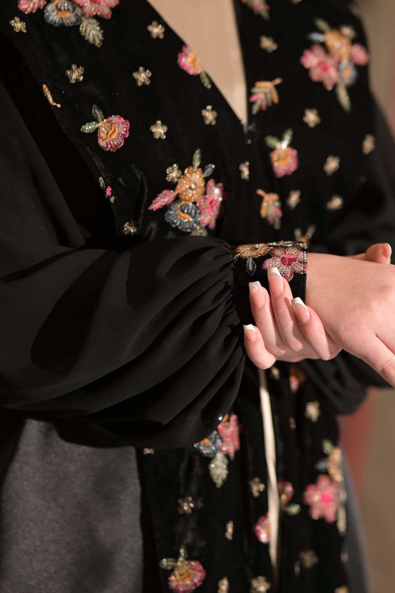 Two pieces abaya silk dress with Satin and black velvet colourful embroidered fabric