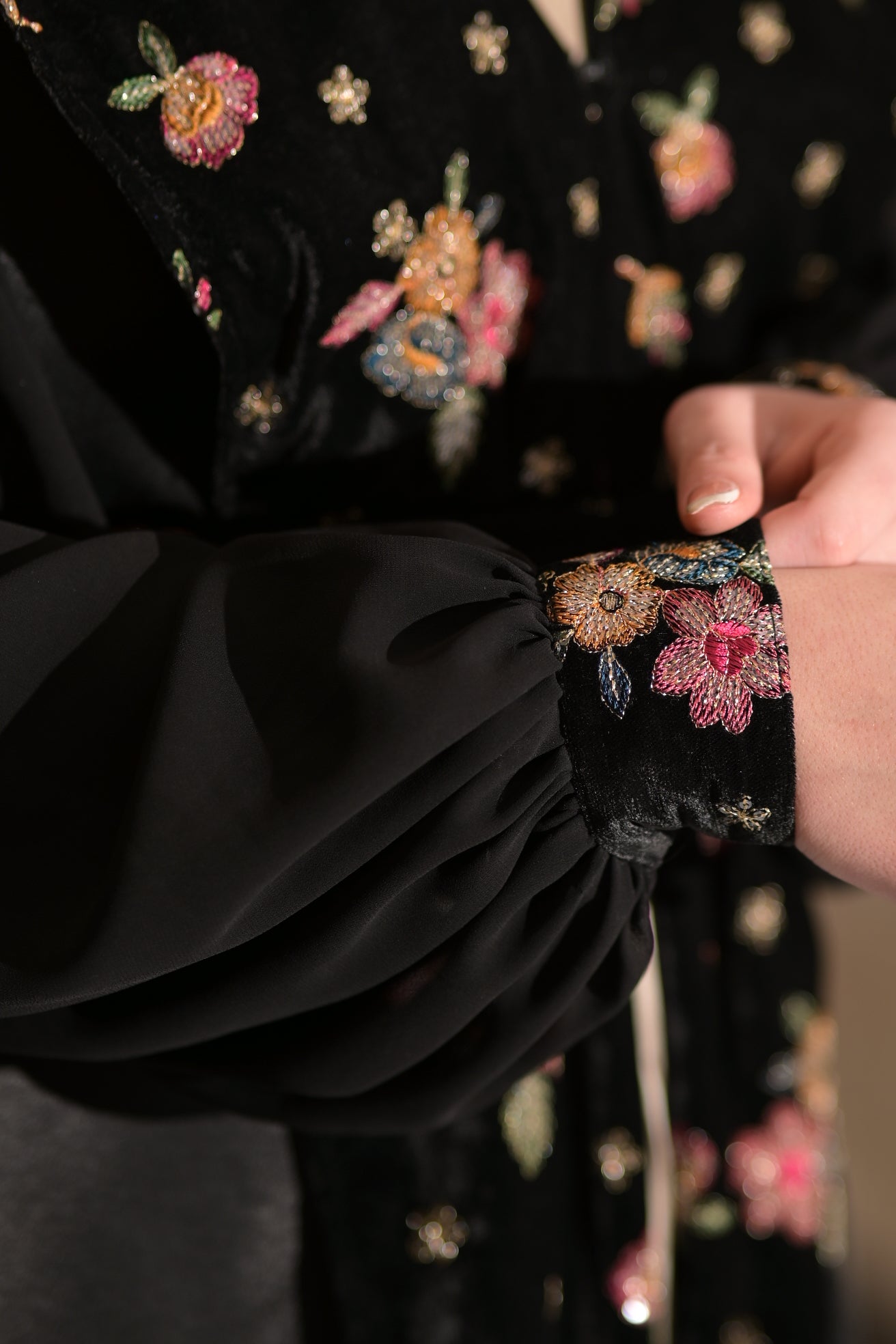 Two pieces abaya silk dress with Satin and black velvet colourful embroidered fabric