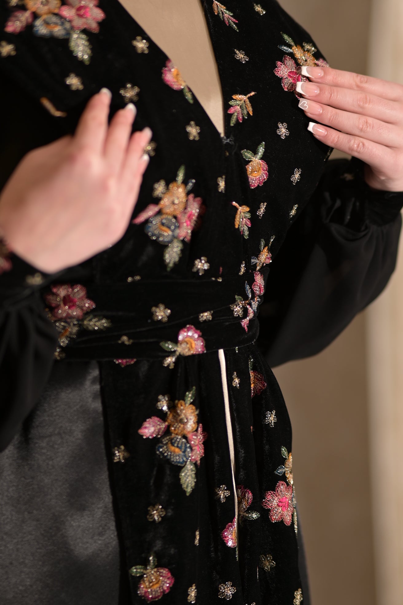 Two pieces abaya silk dress with Satin and black velvet colourful embroidered fabric