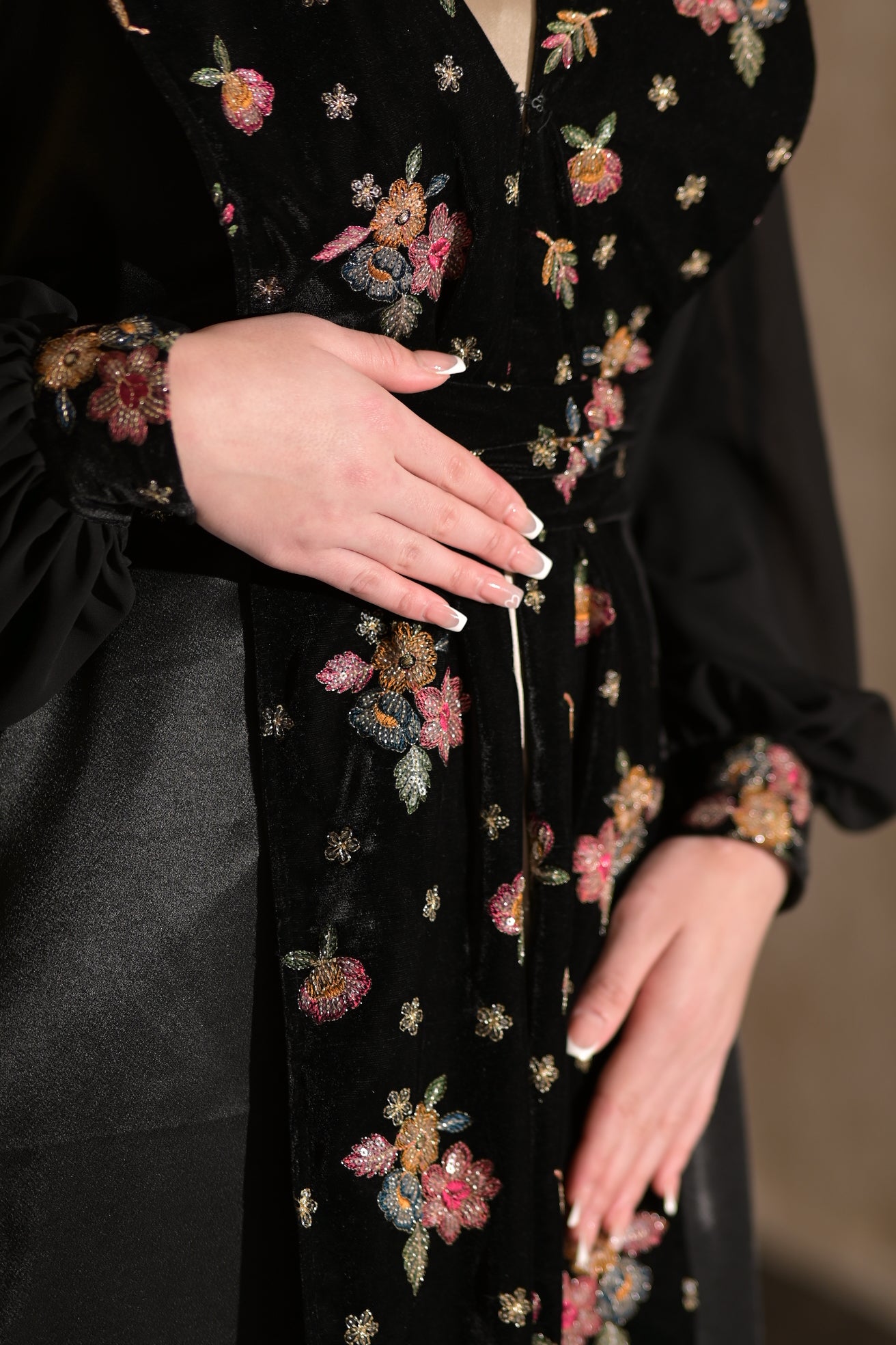 Two pieces abaya silk dress with Satin and black velvet colourful embroidered fabric