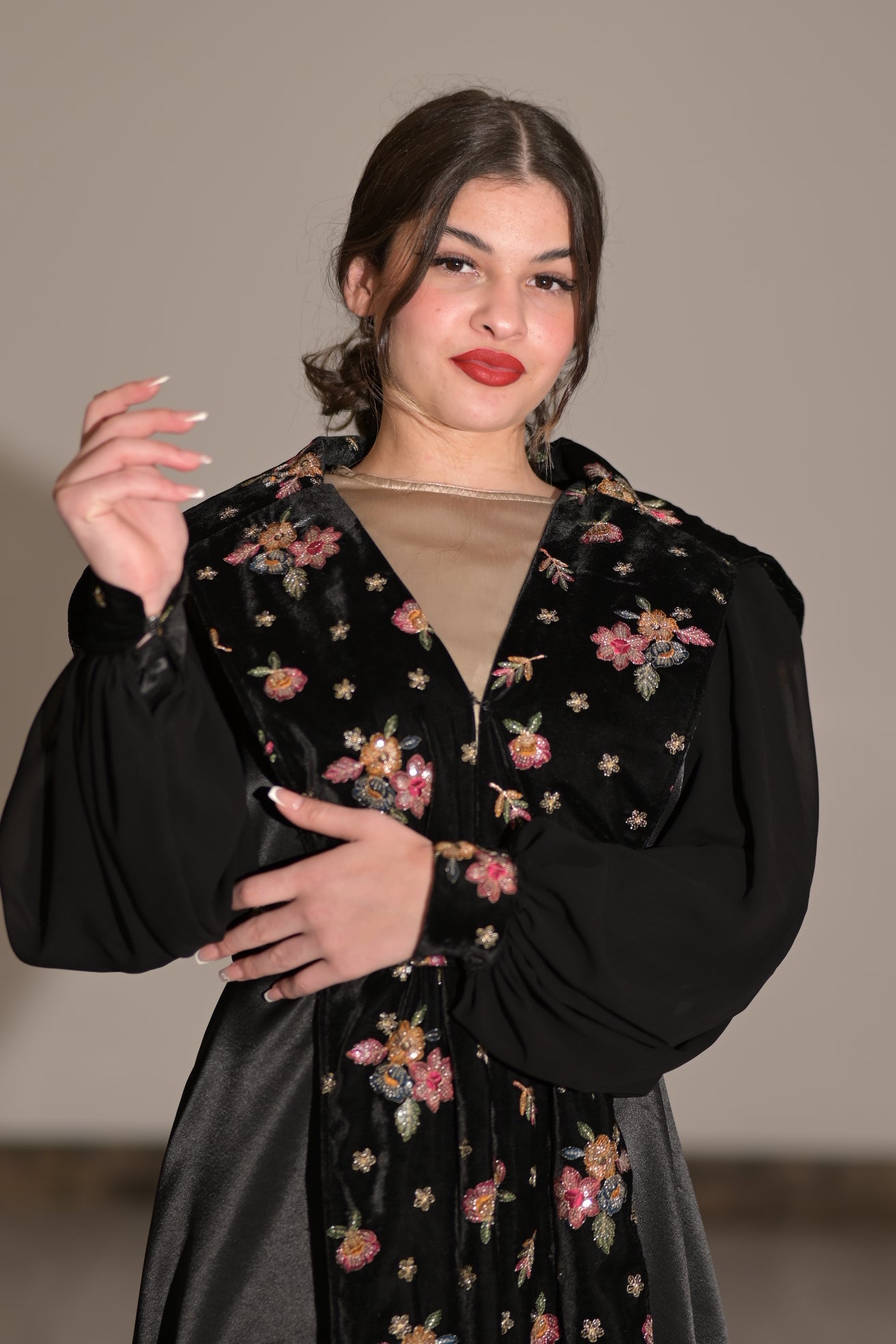 Two pieces abaya silk dress with Satin and black velvet colourful embroidered fabric
