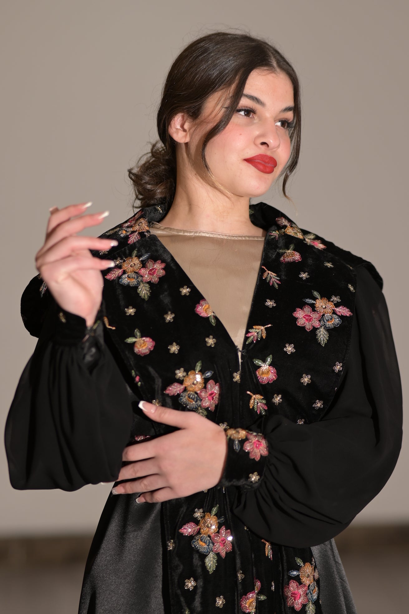 Two pieces abaya silk dress with Satin and black velvet colourful embroidered fabric