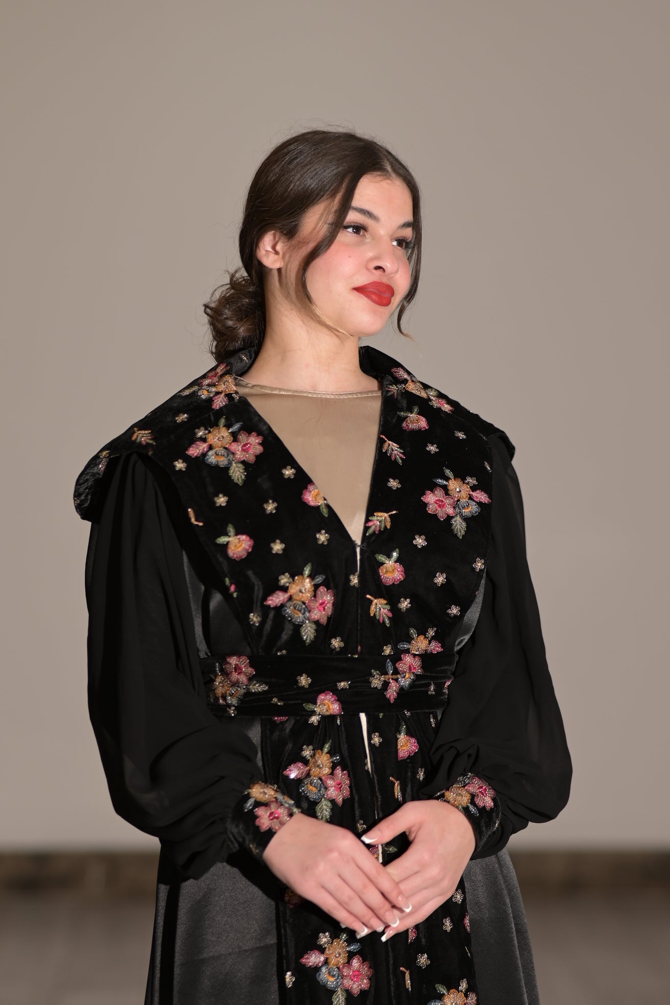 Two pieces abaya silk dress with Satin and black velvet colourful embroidered fabric