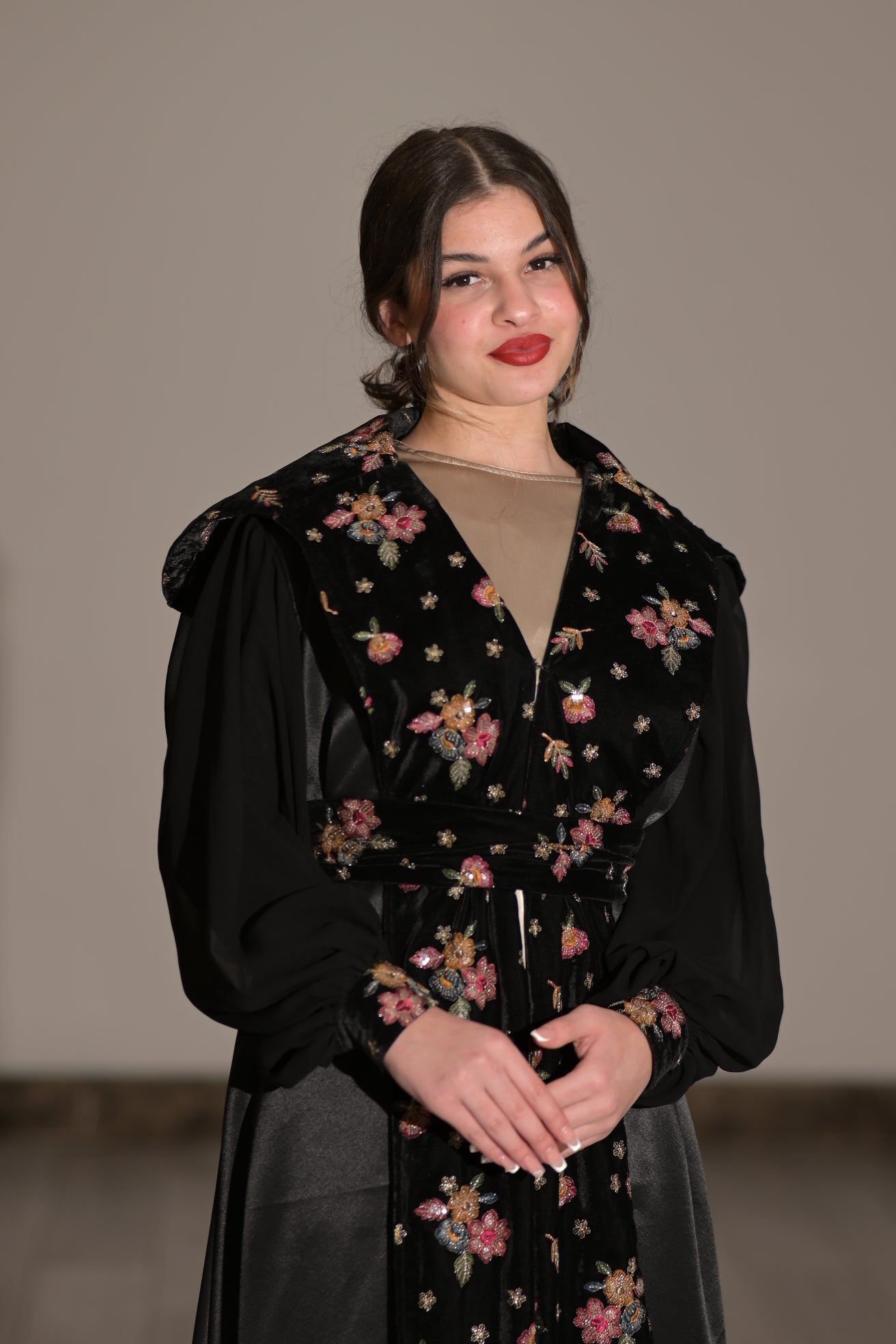 Two pieces abaya silk dress with Satin and black velvet colourful embroidered fabric