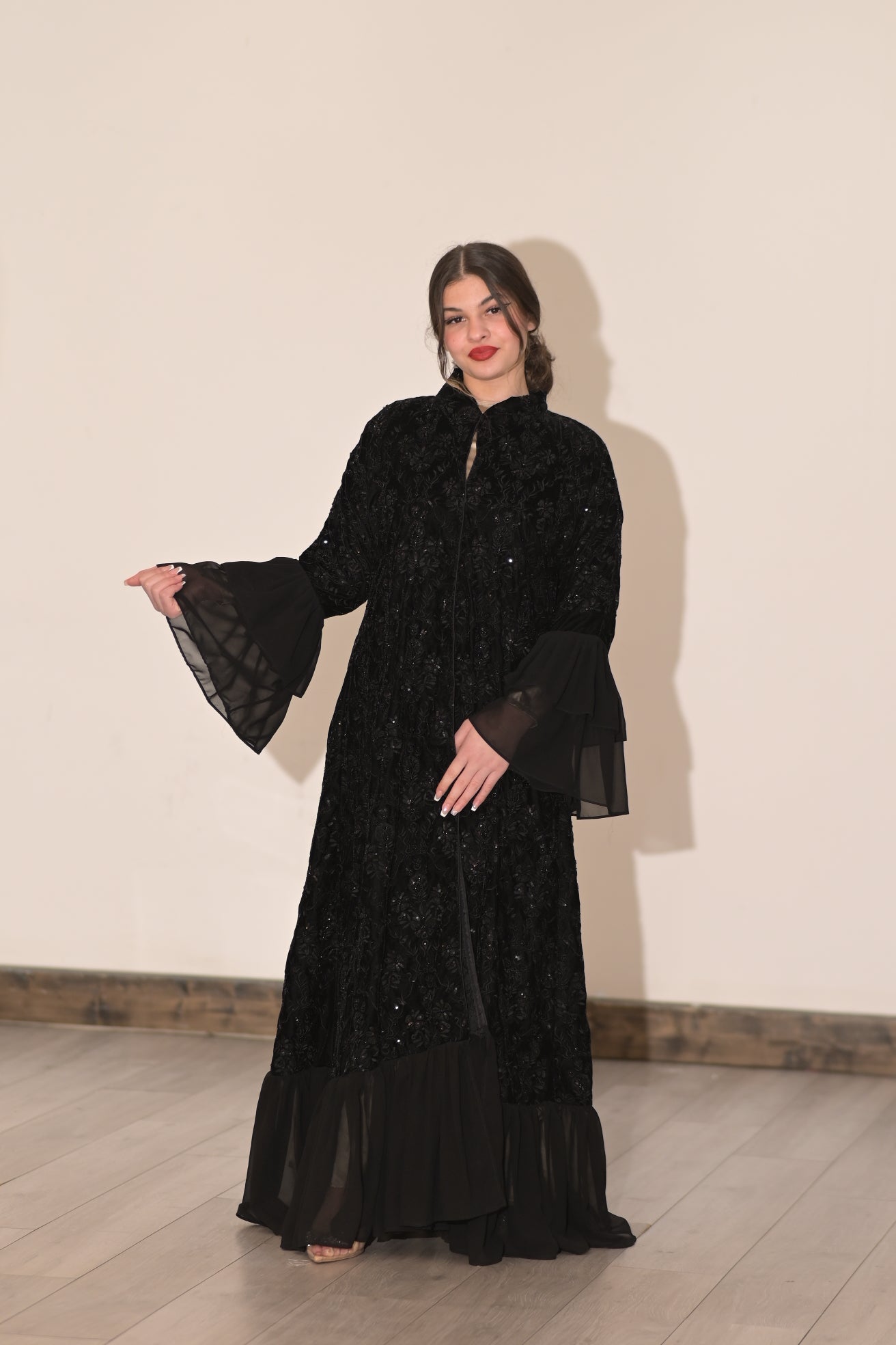Royal black velvet embroidered abaya