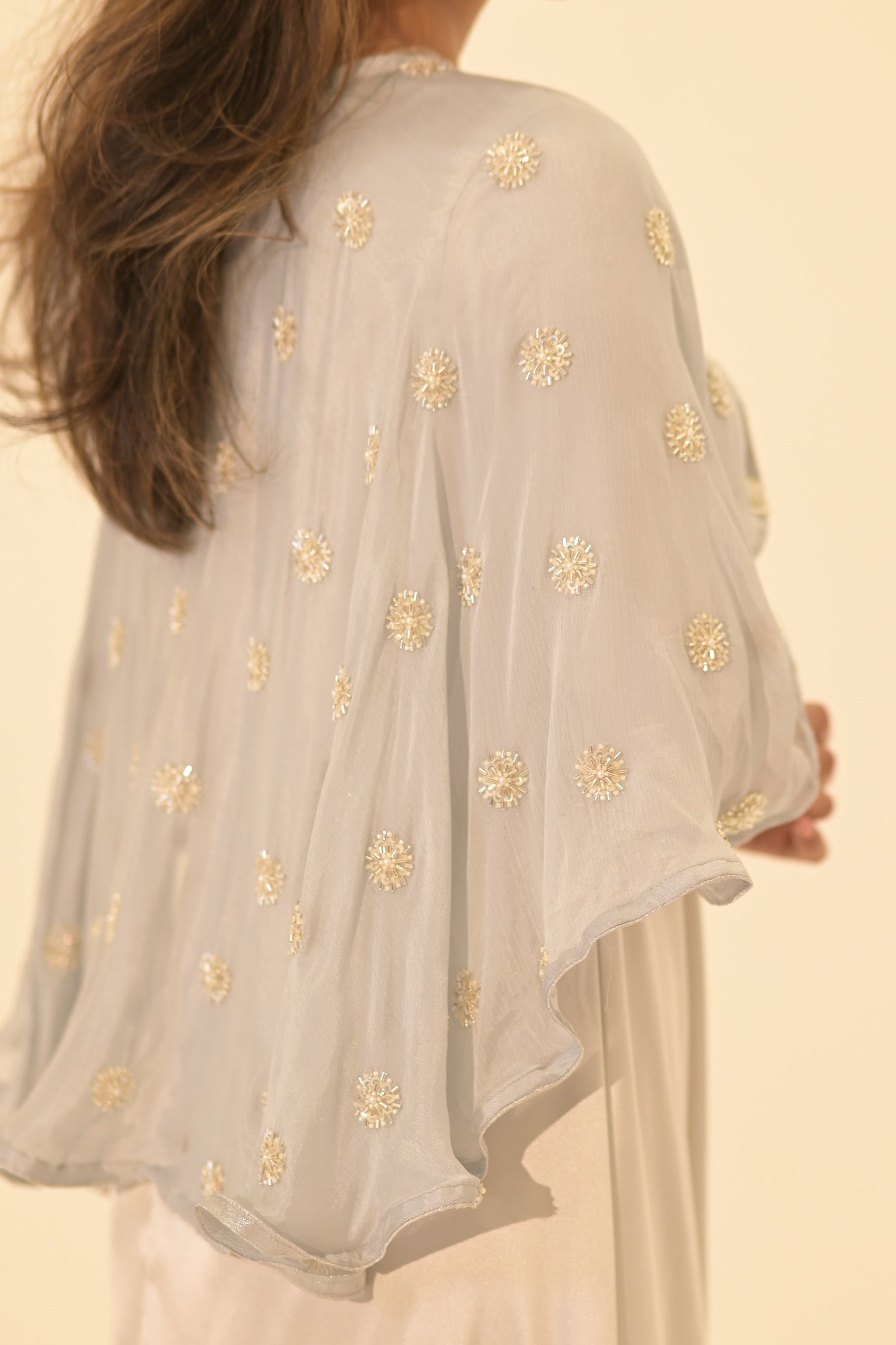 Silk and embroidered chiffon cape abaya