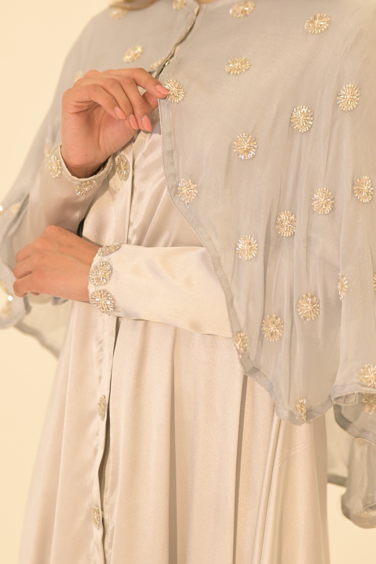 Silk and embroidered chiffon cape abaya