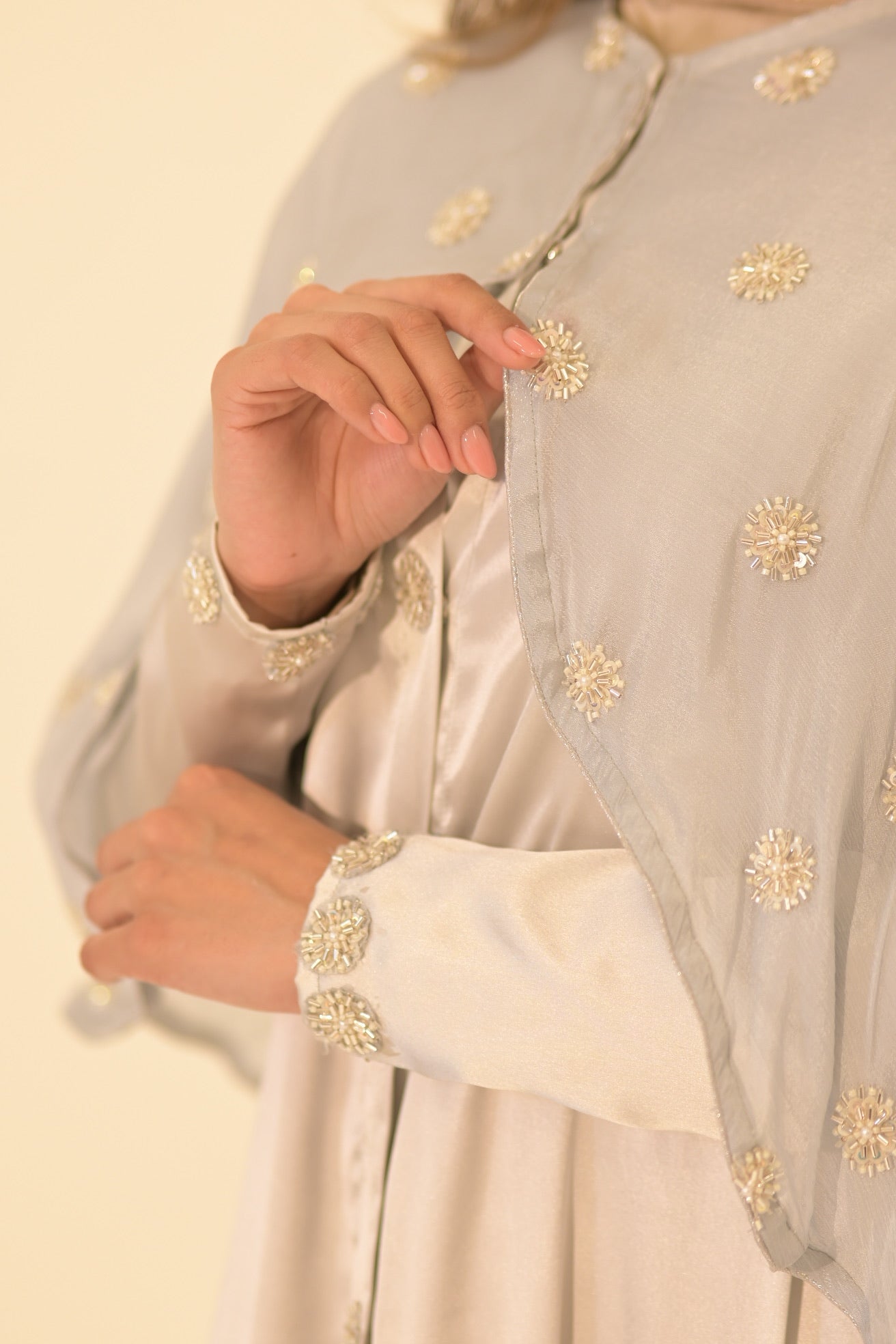 Silk and embroidered chiffon cape abaya