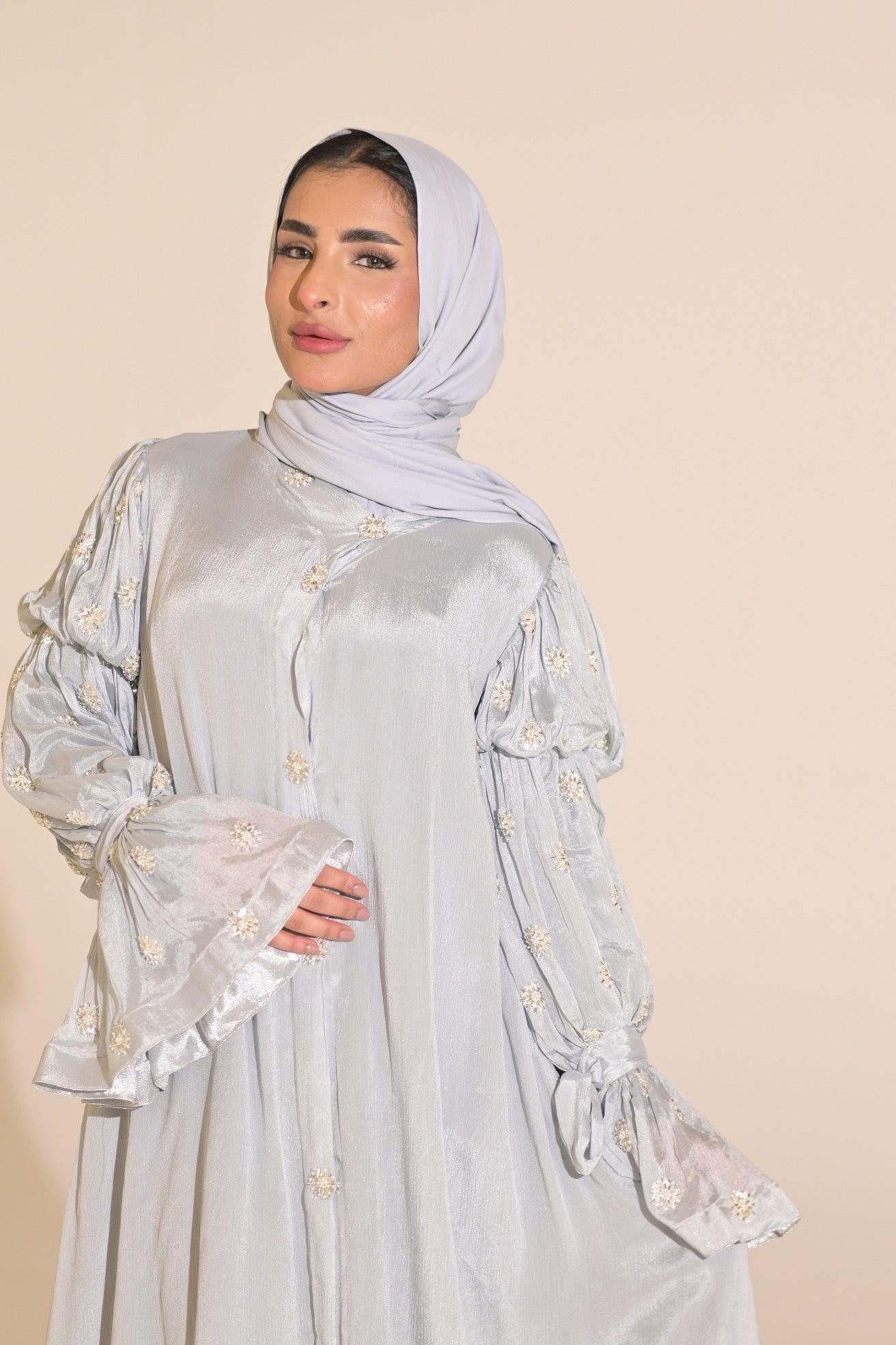 Baby blue, chiffon embroidered Abaya