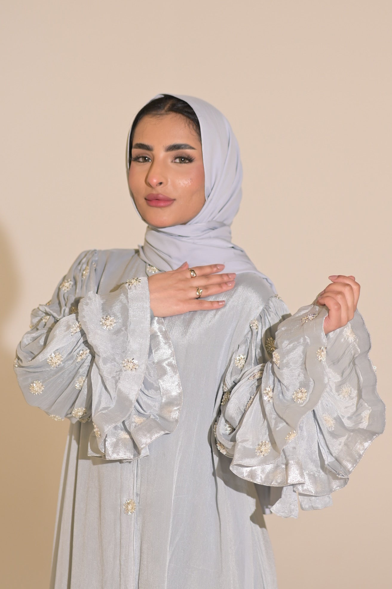 Baby blue, chiffon embroidered Abaya