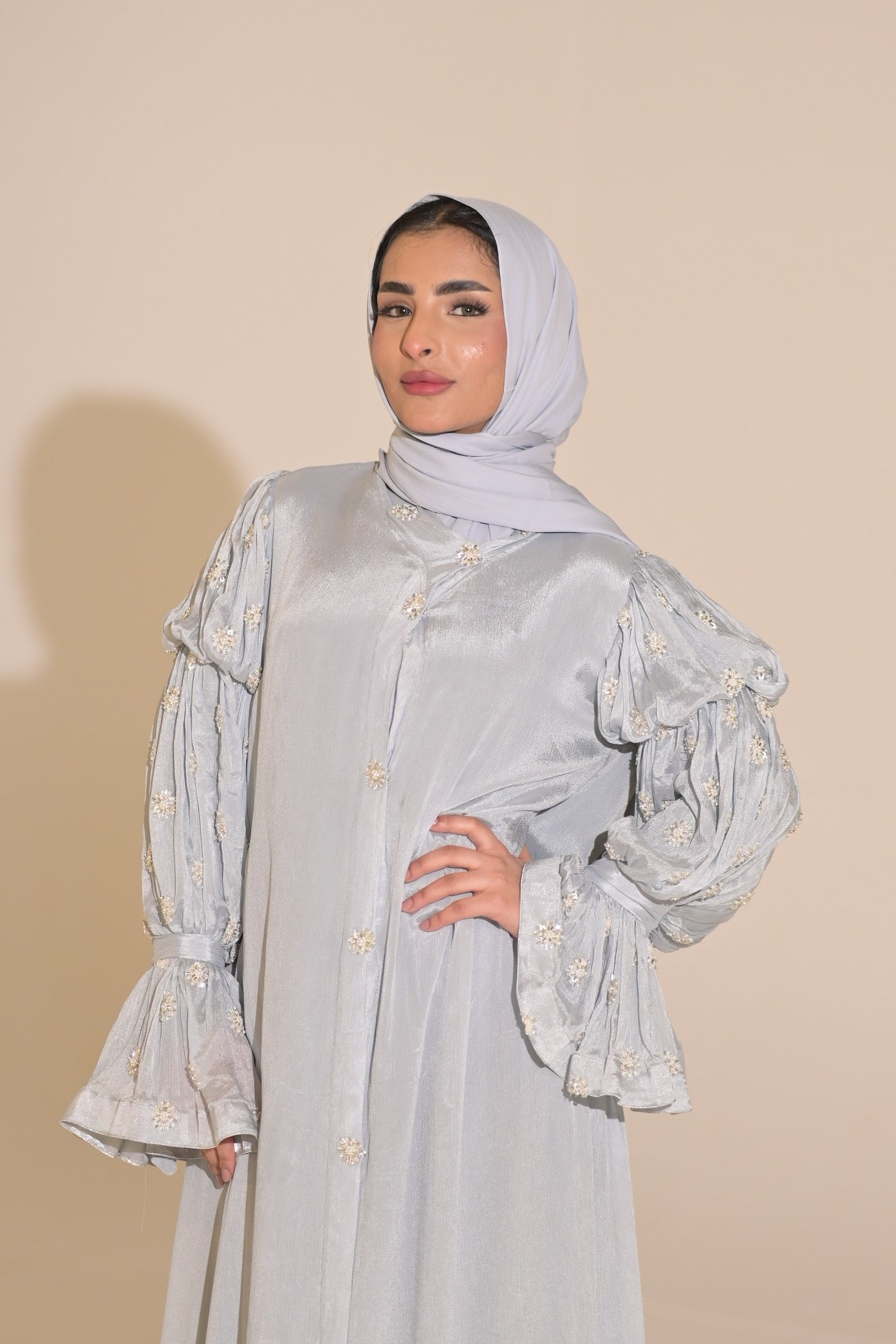 Baby blue, chiffon embroidered Abaya