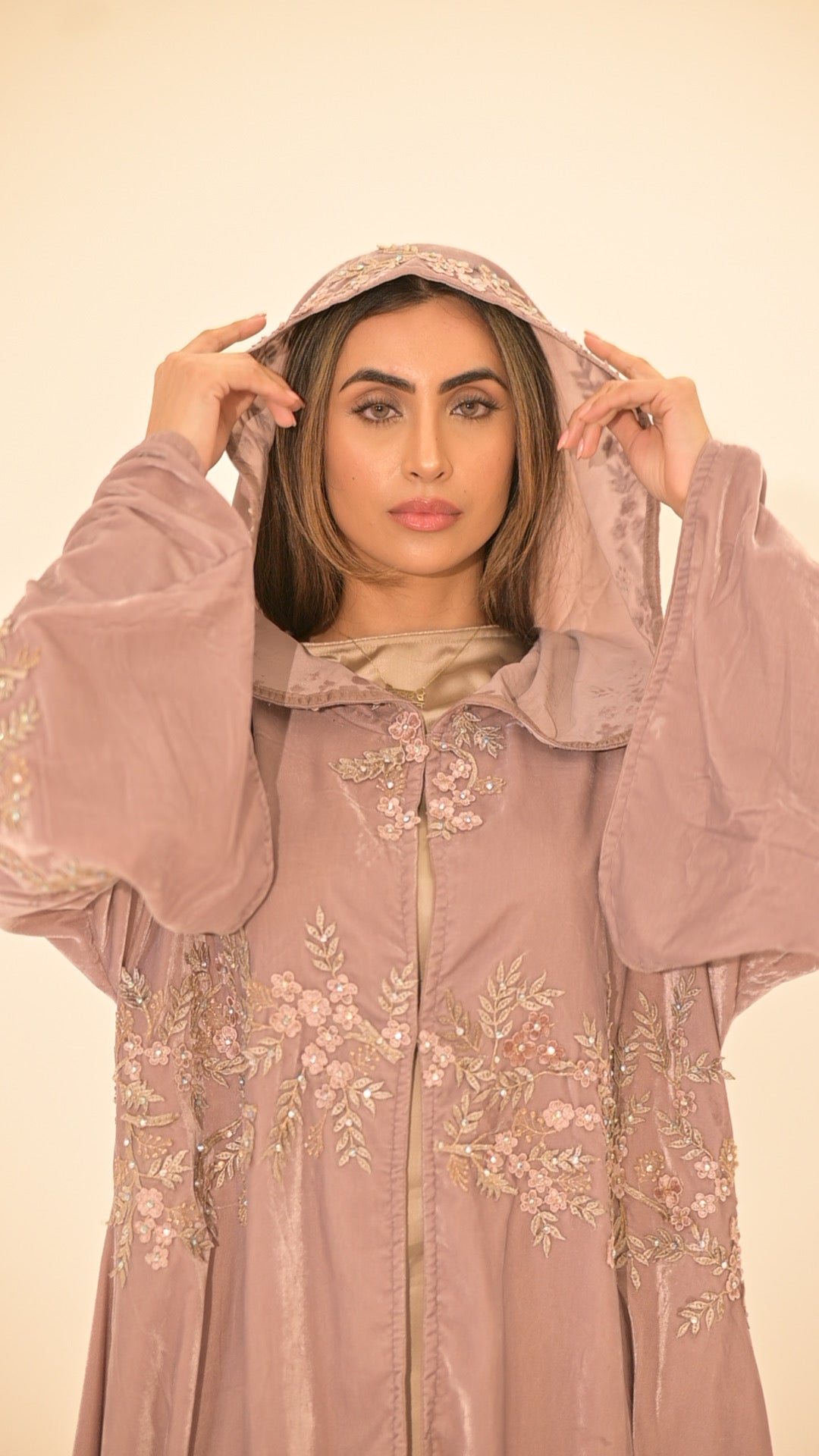 Lilac velvet 3-D embroidered hooded Abaya