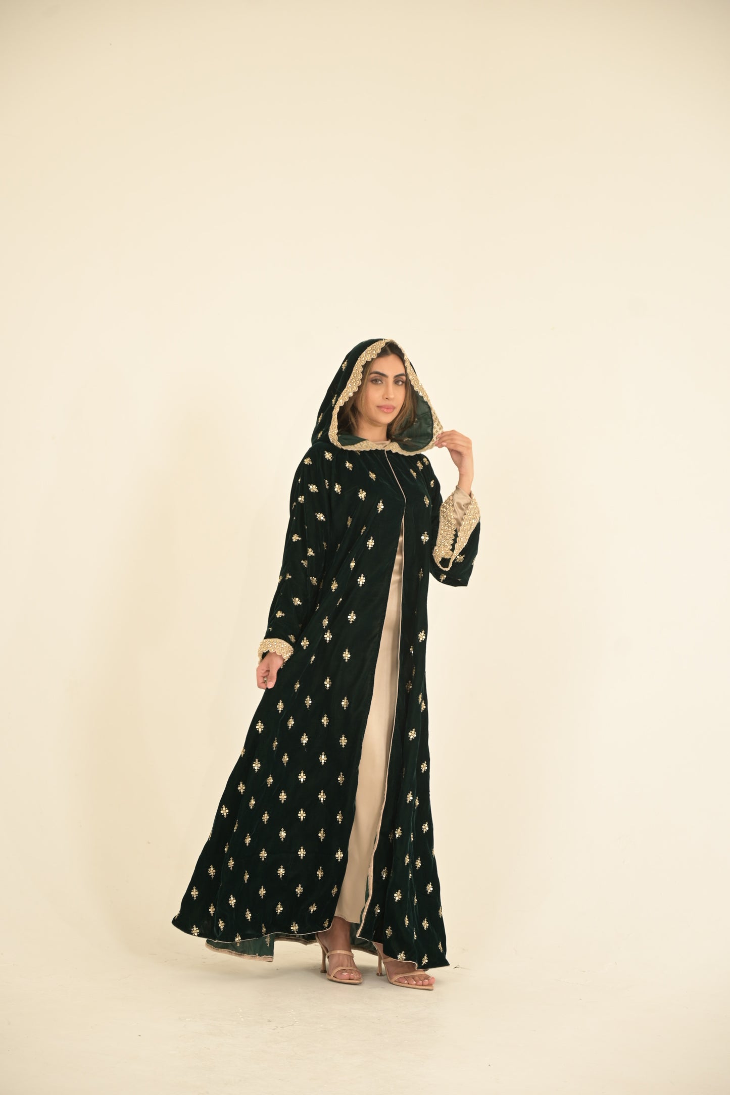 Royal Green with gold lace embroidered abaya 2 Pieces