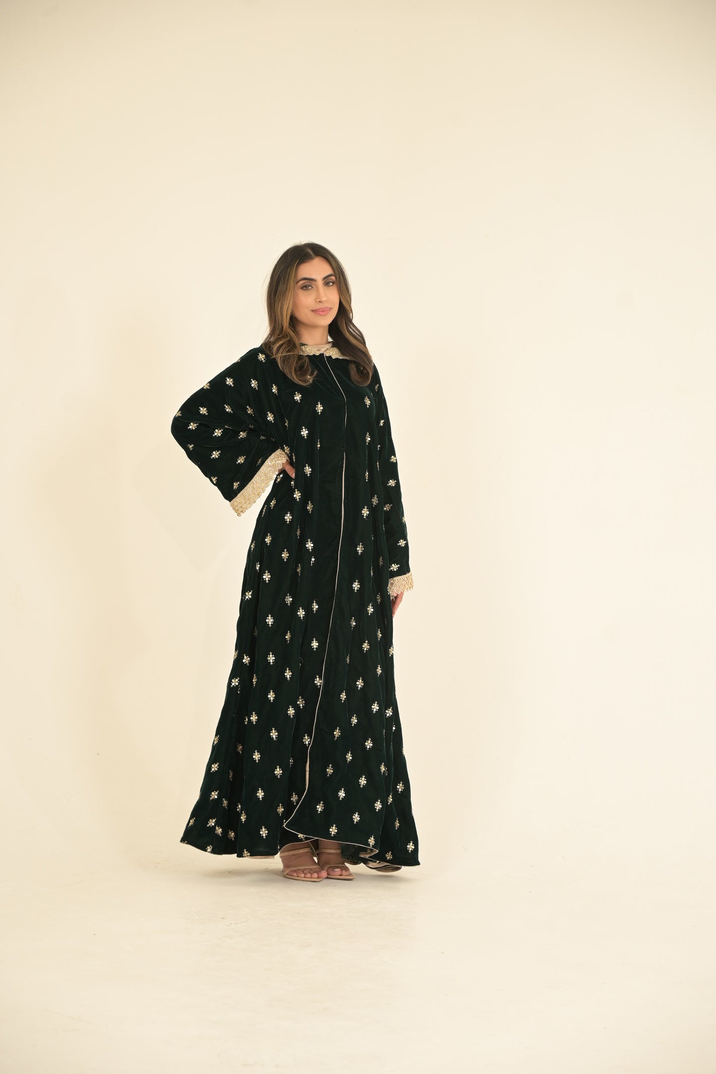 Royal Green with gold lace embroidered abaya 2 Pieces