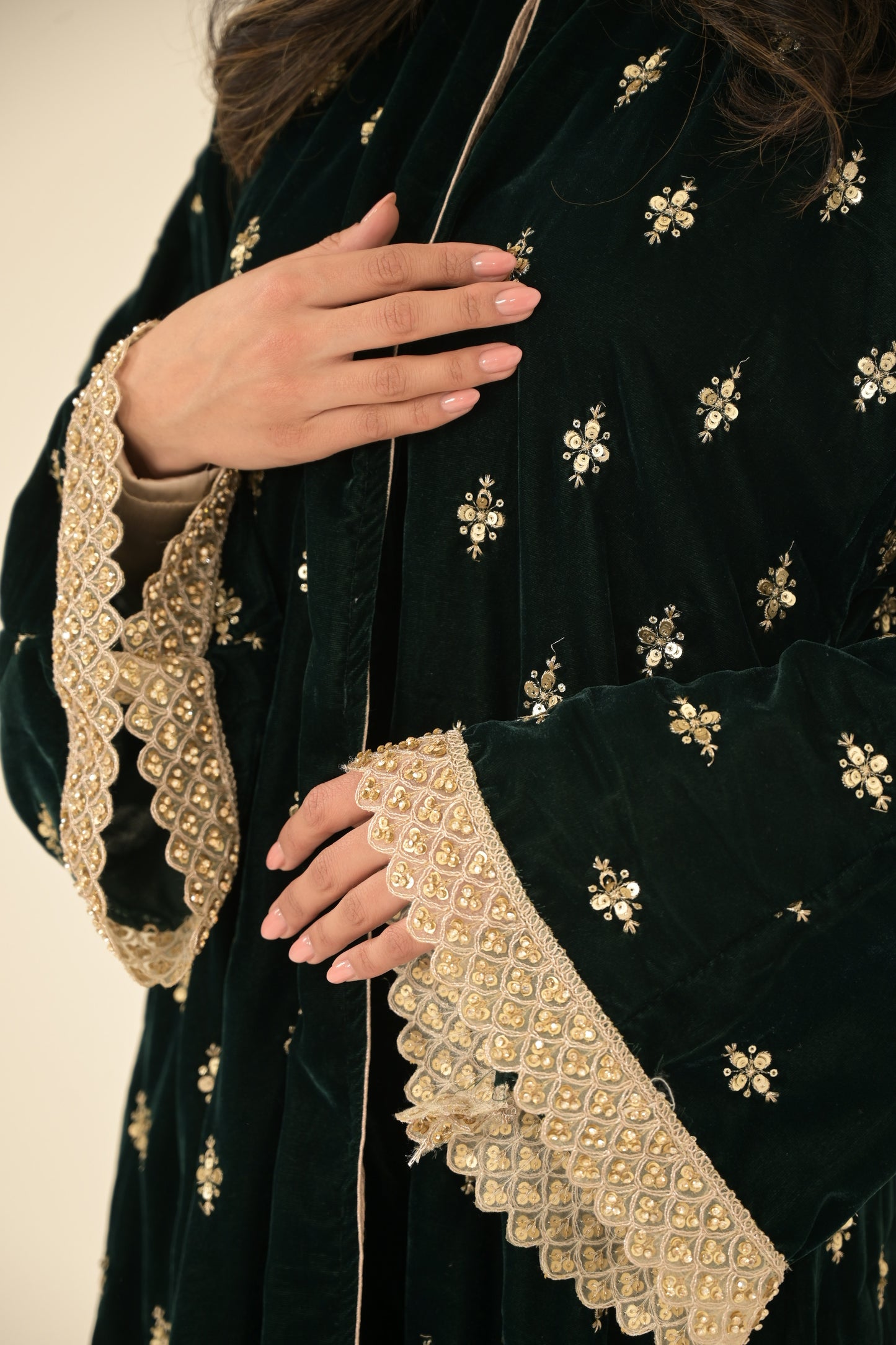 Royal Green with gold lace embroidered abaya 2 Pieces