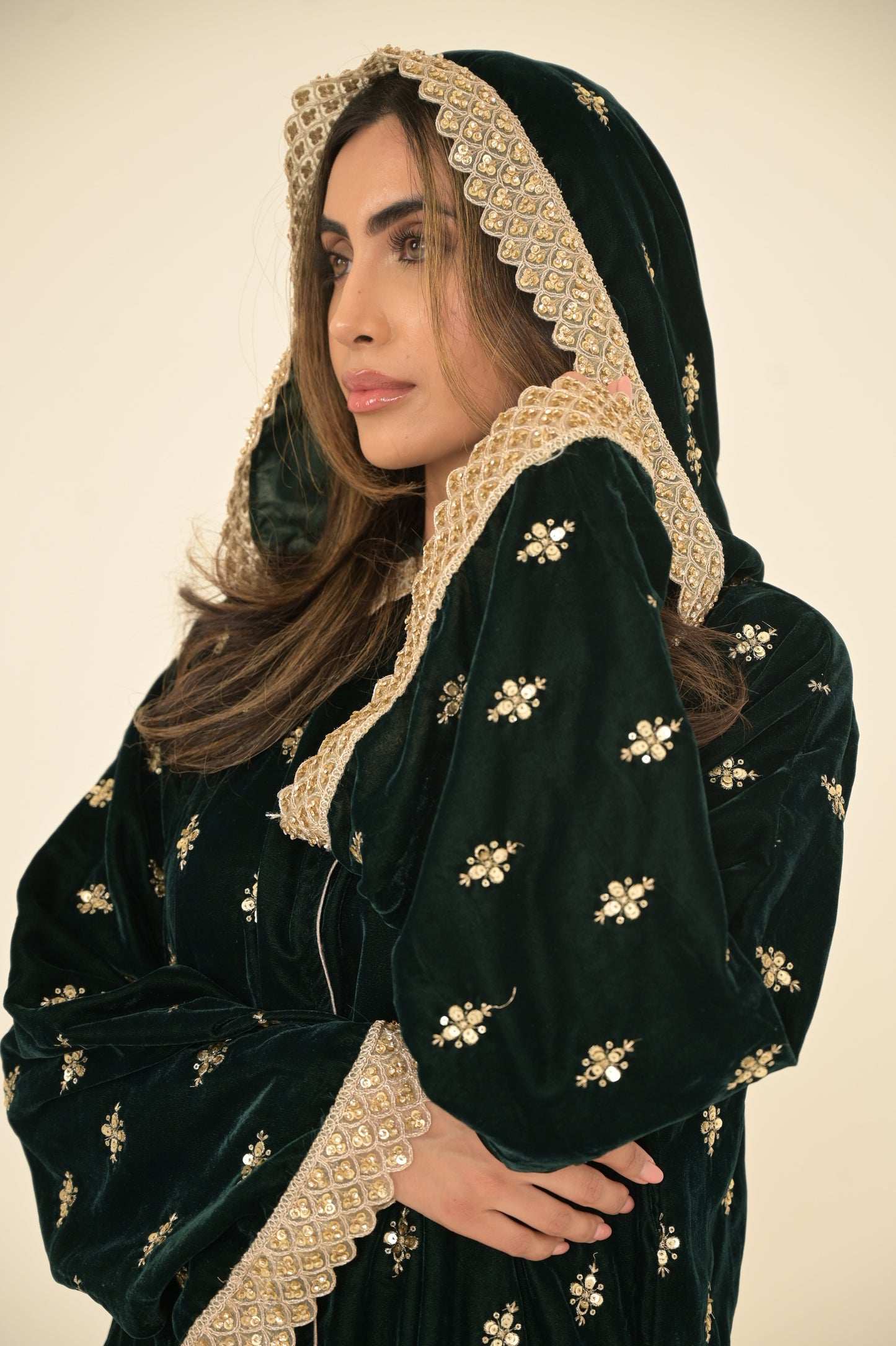 Royal Green with gold lace embroidered abaya 2 Pieces
