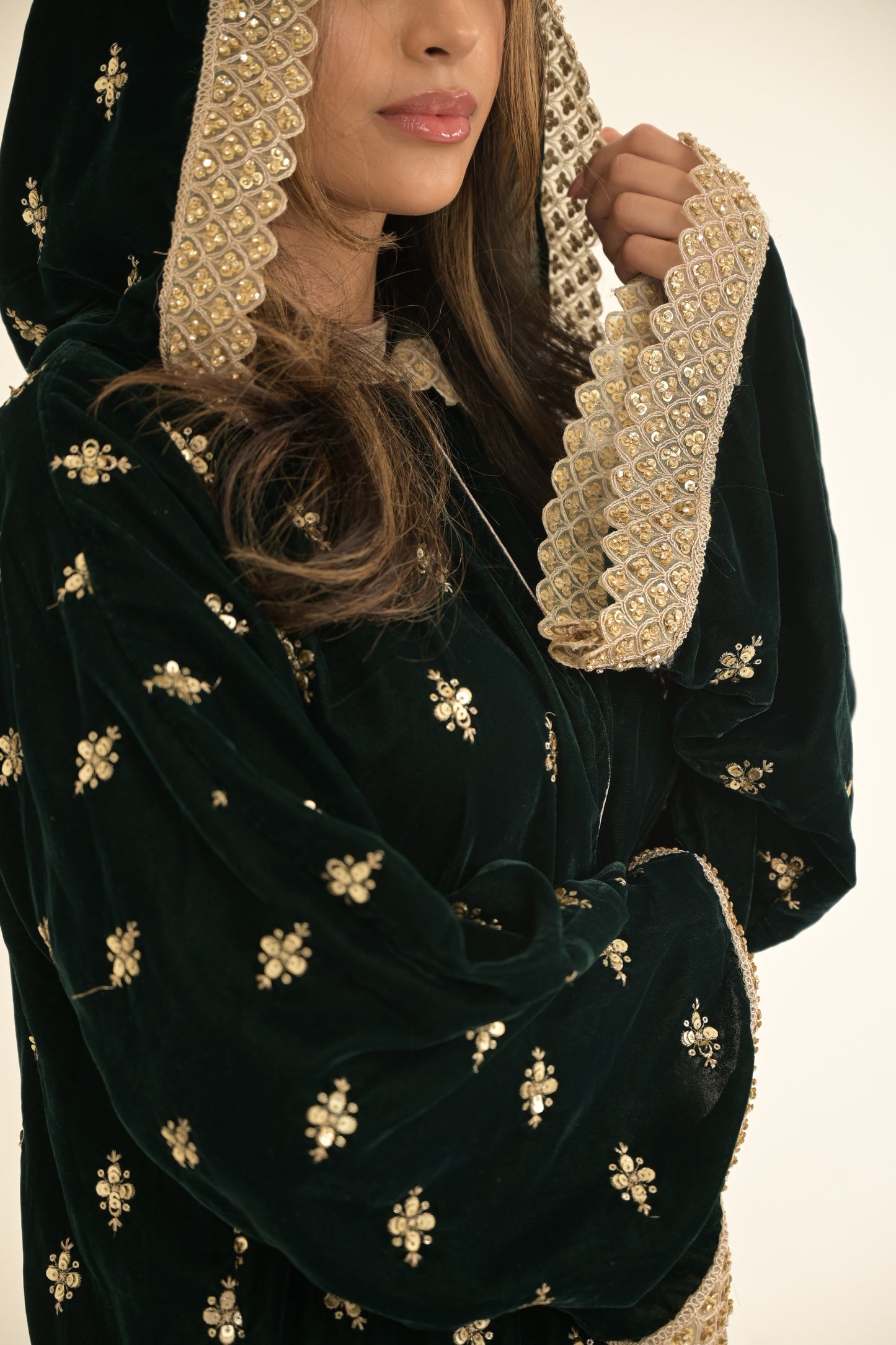 Royal Green with gold lace embroidered abaya 2 Pieces