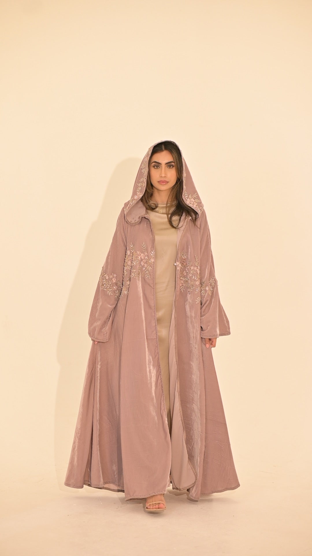 Lilac velvet 3-D embroidered hooded Abaya
