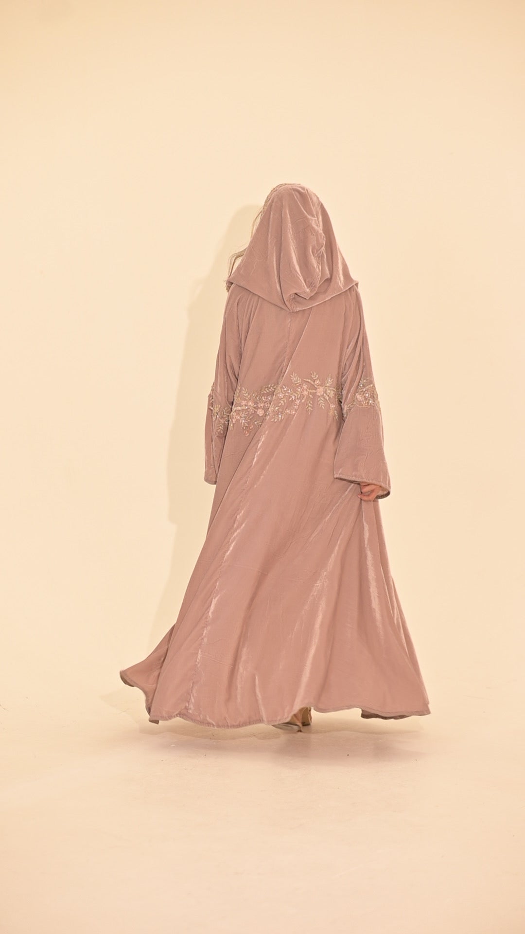 Lilac velvet 3-D embroidered hooded Abaya