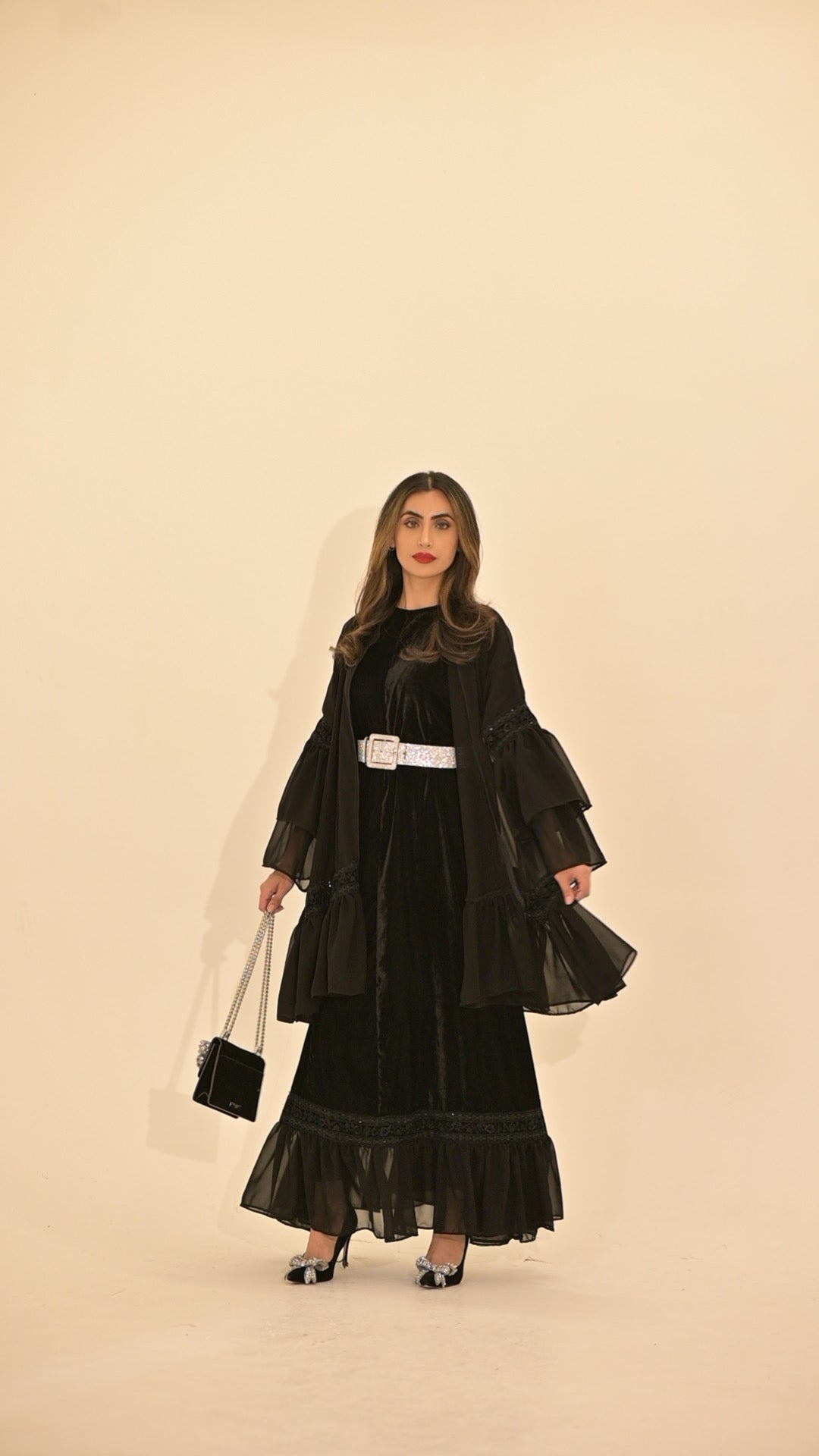 2 Pieces Black velvet and chiffon Abaya