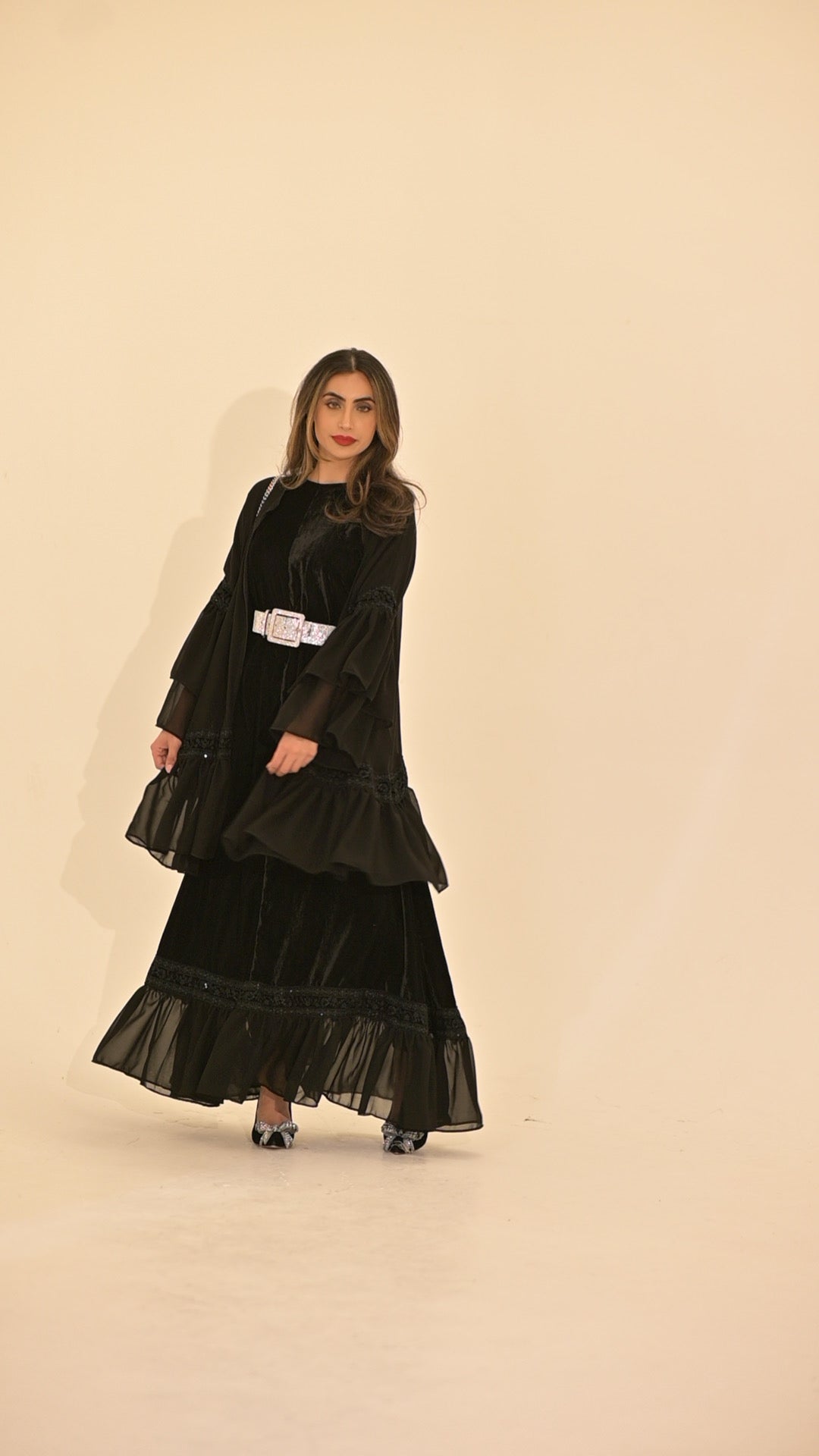 2 Pieces Black velvet and chiffon Abaya